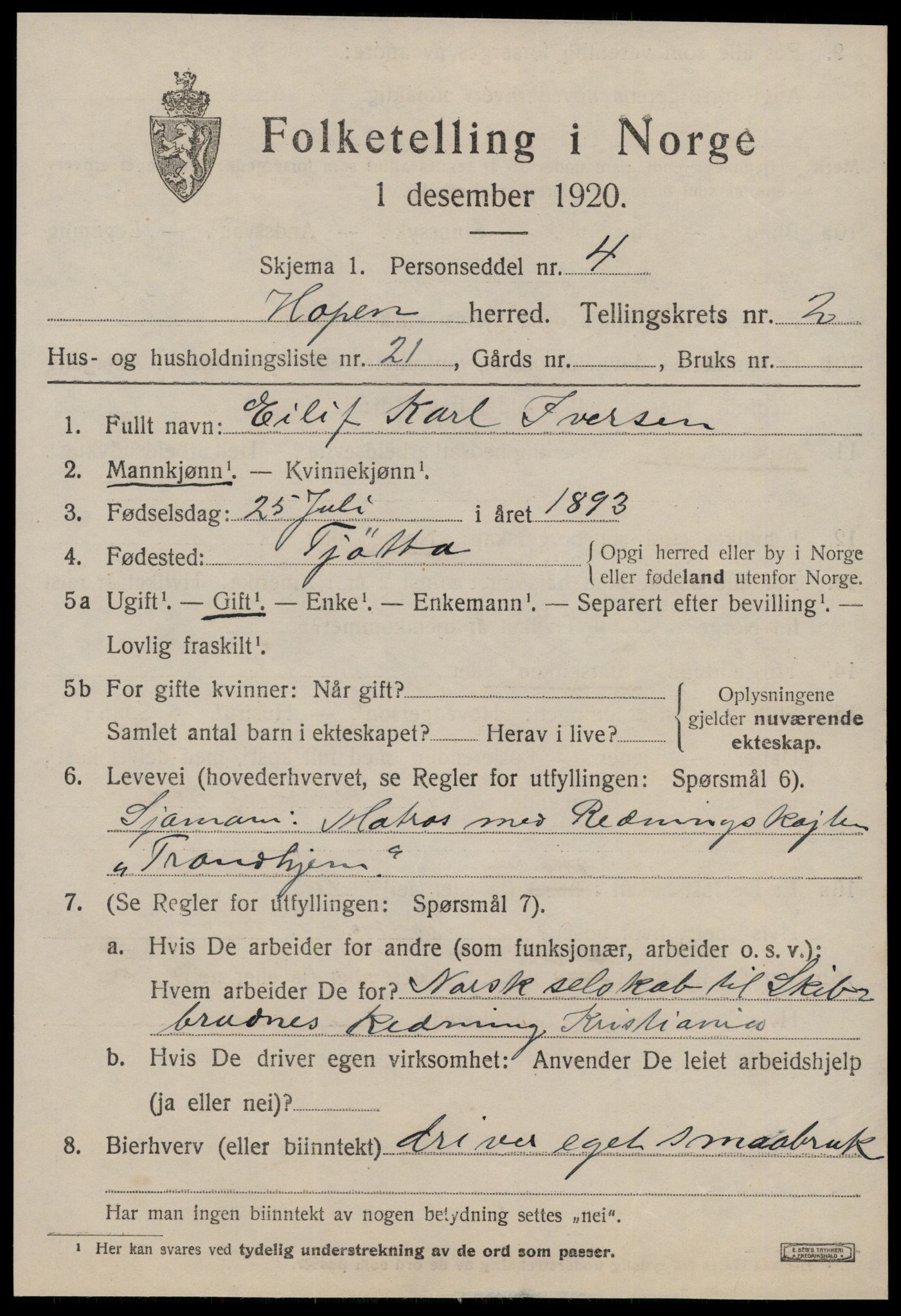 SAT, 1920 census for Hopen, 1920, p. 1496