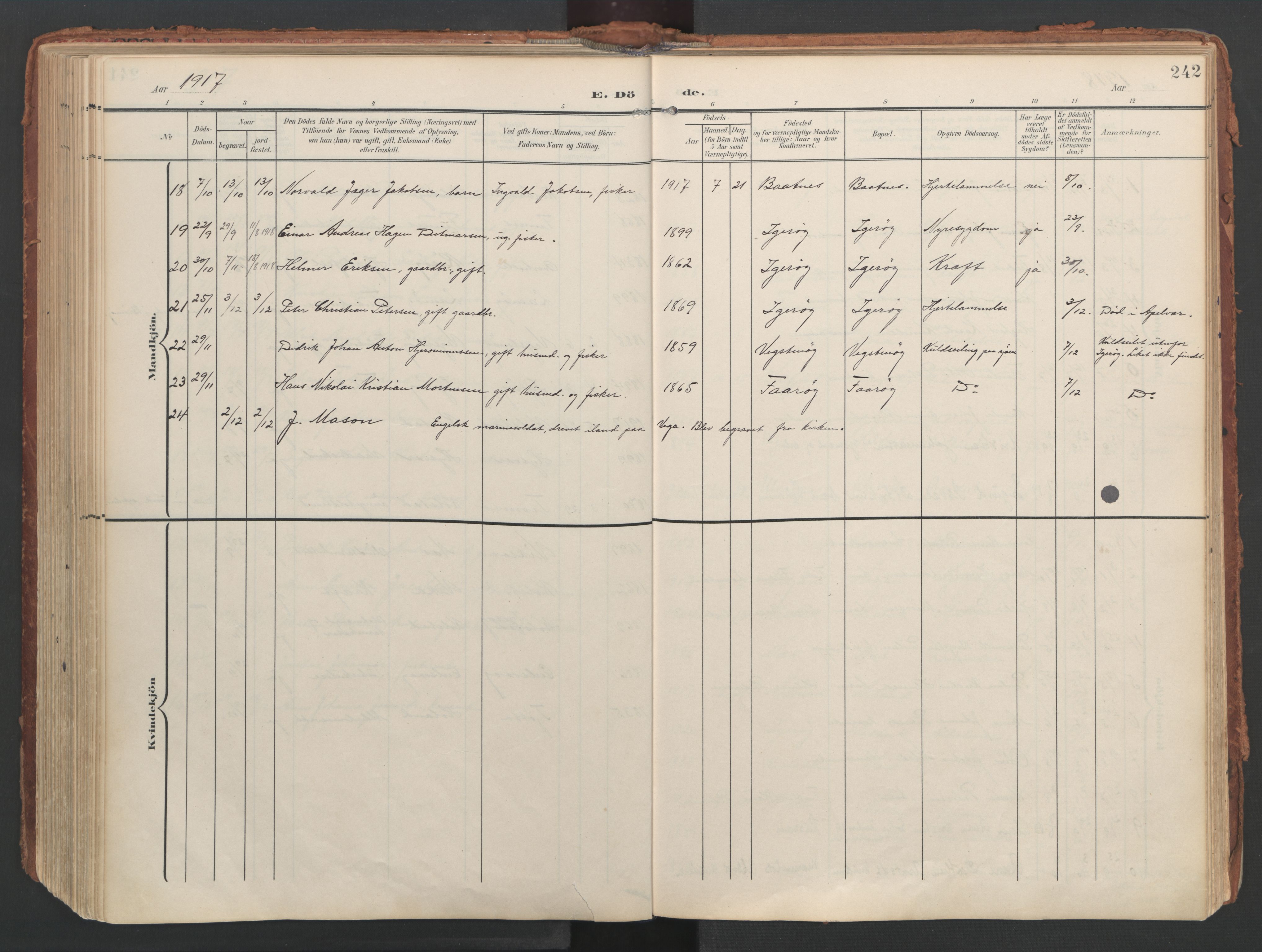 Ministerialprotokoller, klokkerbøker og fødselsregistre - Nordland, AV/SAT-A-1459/816/L0250: Parish register (official) no. 816A16, 1903-1923, p. 242