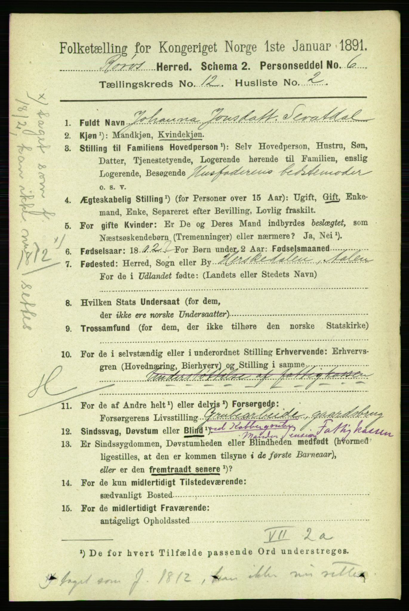 RA, 1891 census for 1640 Røros, 1891, p. 2381