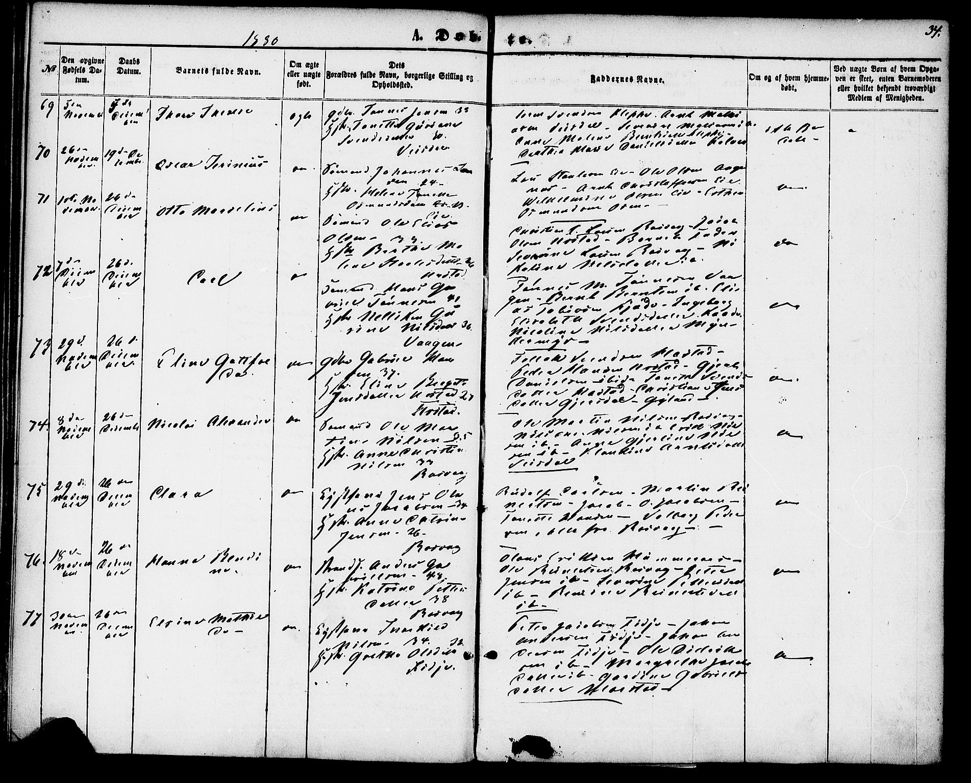 Flekkefjord sokneprestkontor, AV/SAK-1111-0012/F/Fa/Fab/L0005: Parish register (official) no. A 5, 1870-1886, p. 34