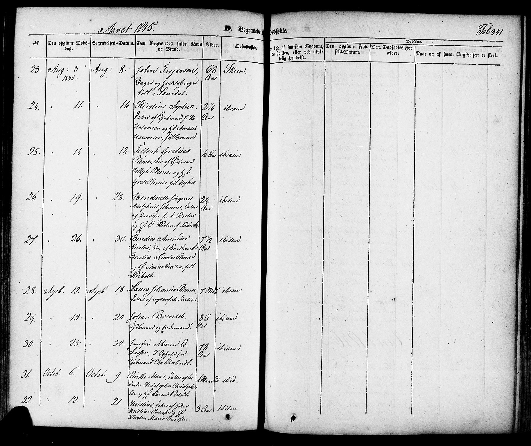 Skien kirkebøker, SAKO/A-302/F/Fa/L0006a: Parish register (official) no. 6A, 1843-1856, p. 351