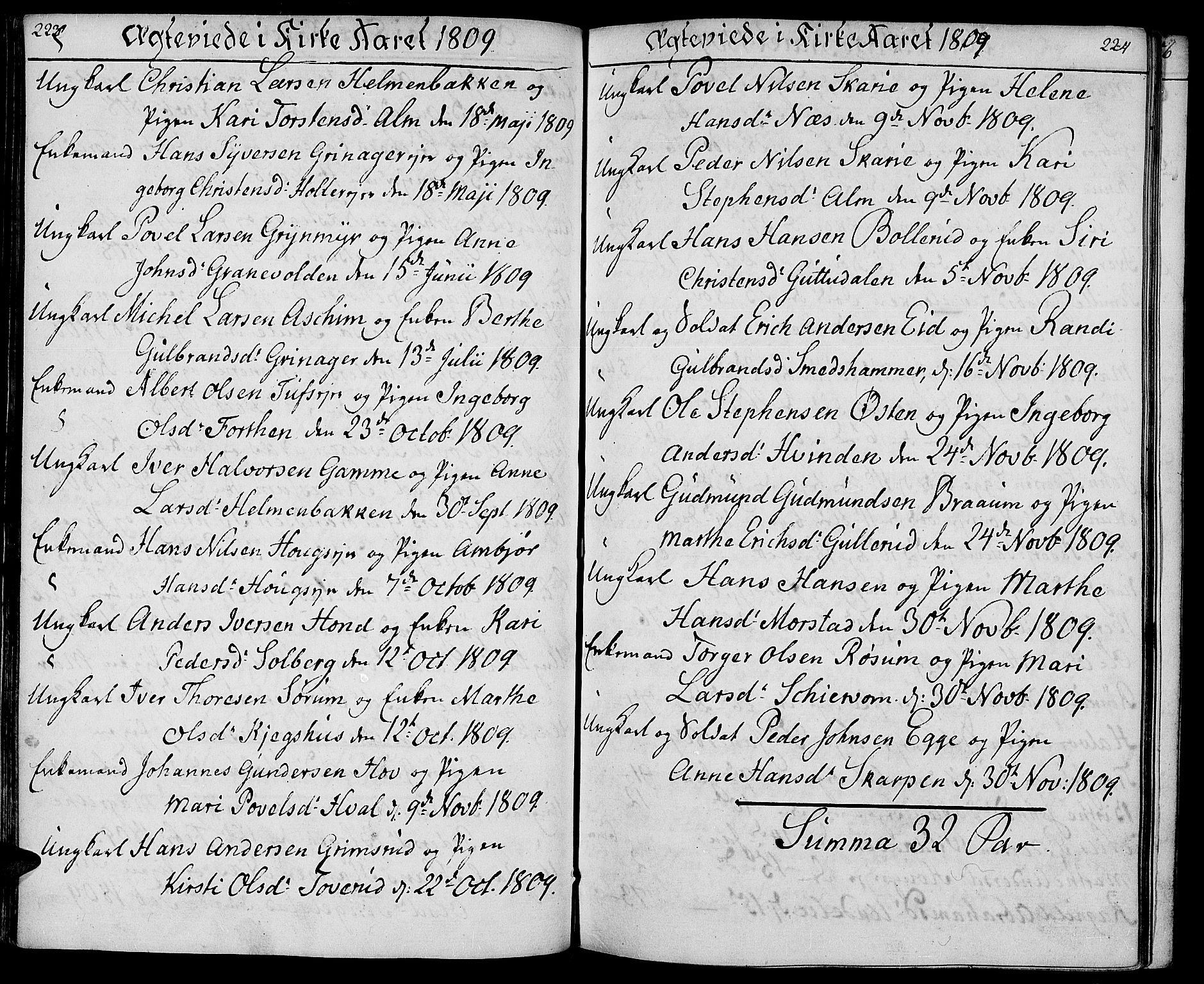 Gran prestekontor, SAH/PREST-112/H/Ha/Haa/L0008: Parish register (official) no. 8, 1798-1811, p. 223-224