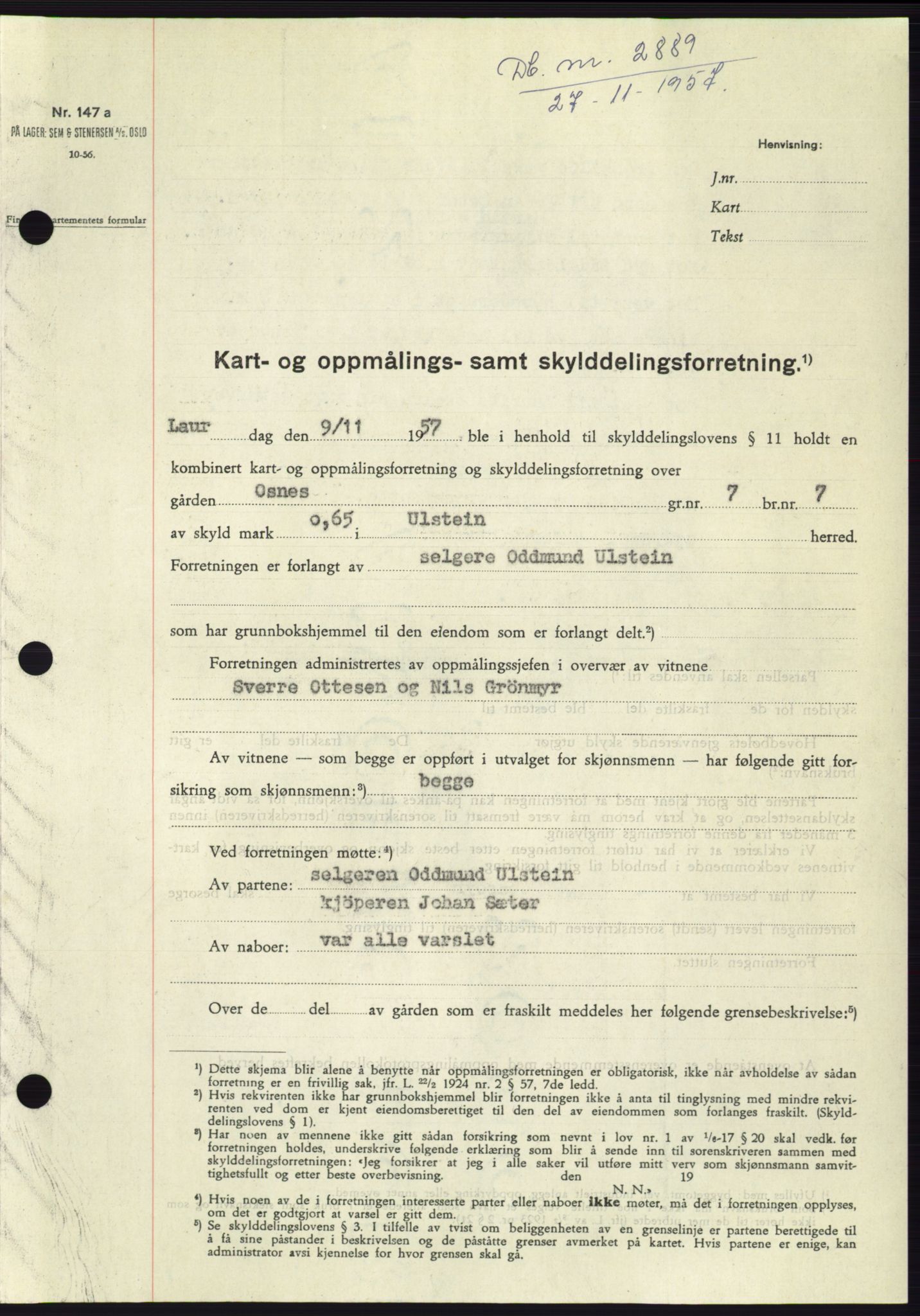 Søre Sunnmøre sorenskriveri, AV/SAT-A-4122/1/2/2C/L0108: Mortgage book no. 34A, 1957-1958, Diary no: : 2889/1957