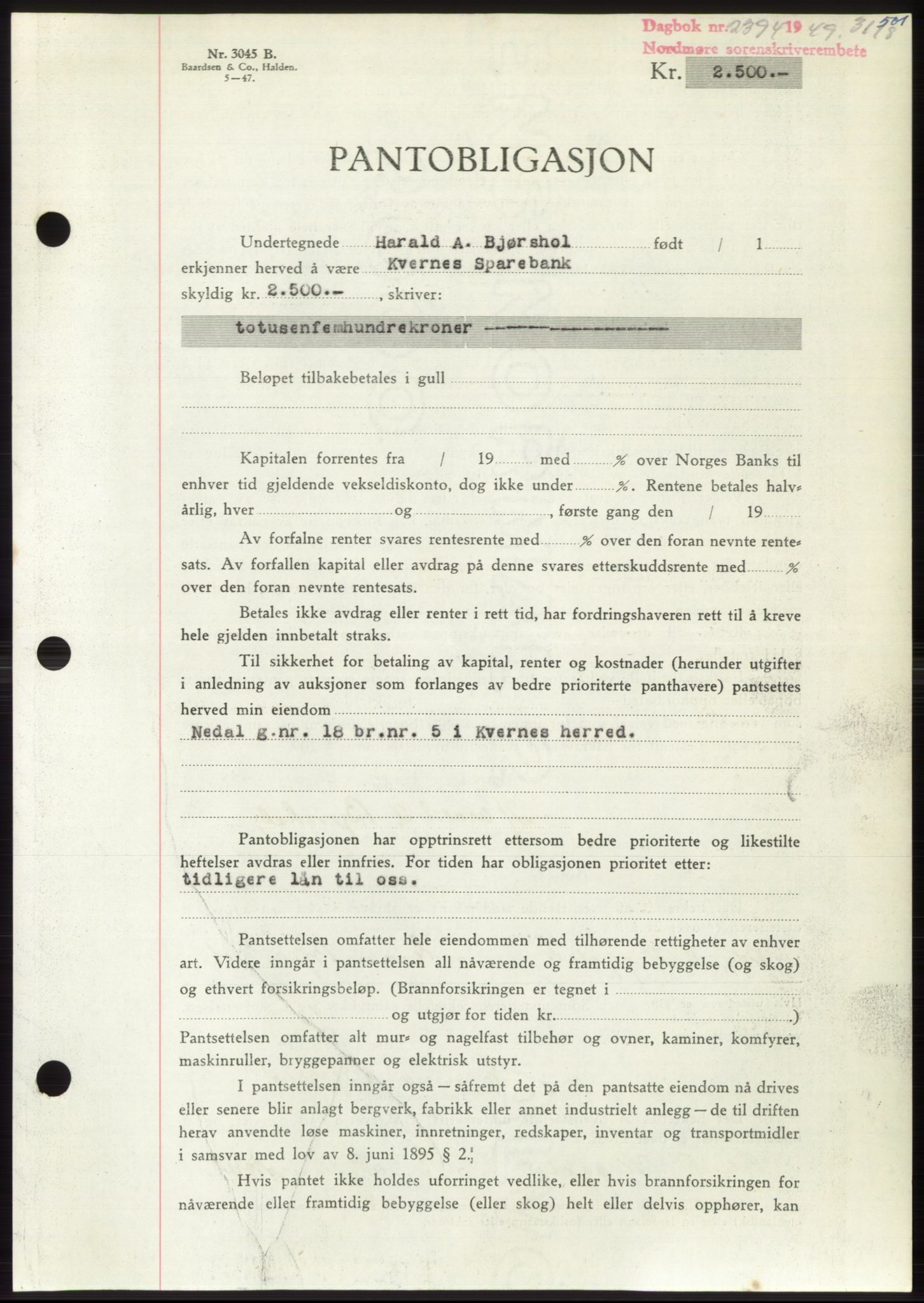 Nordmøre sorenskriveri, AV/SAT-A-4132/1/2/2Ca: Mortgage book no. B102, 1949-1949, Diary no: : 2394/1949