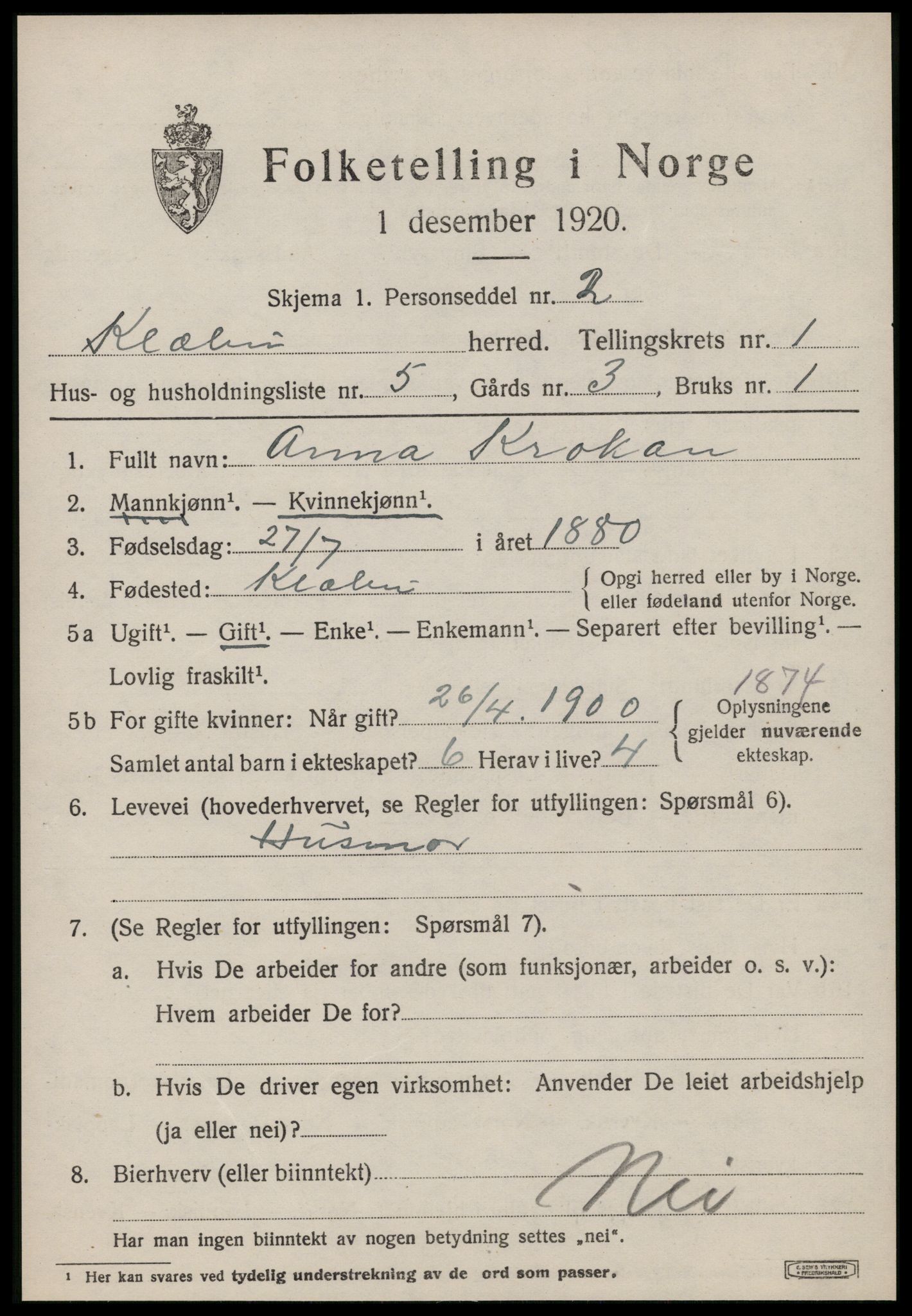 SAT, 1920 census for Klæbu, 1920, p. 422
