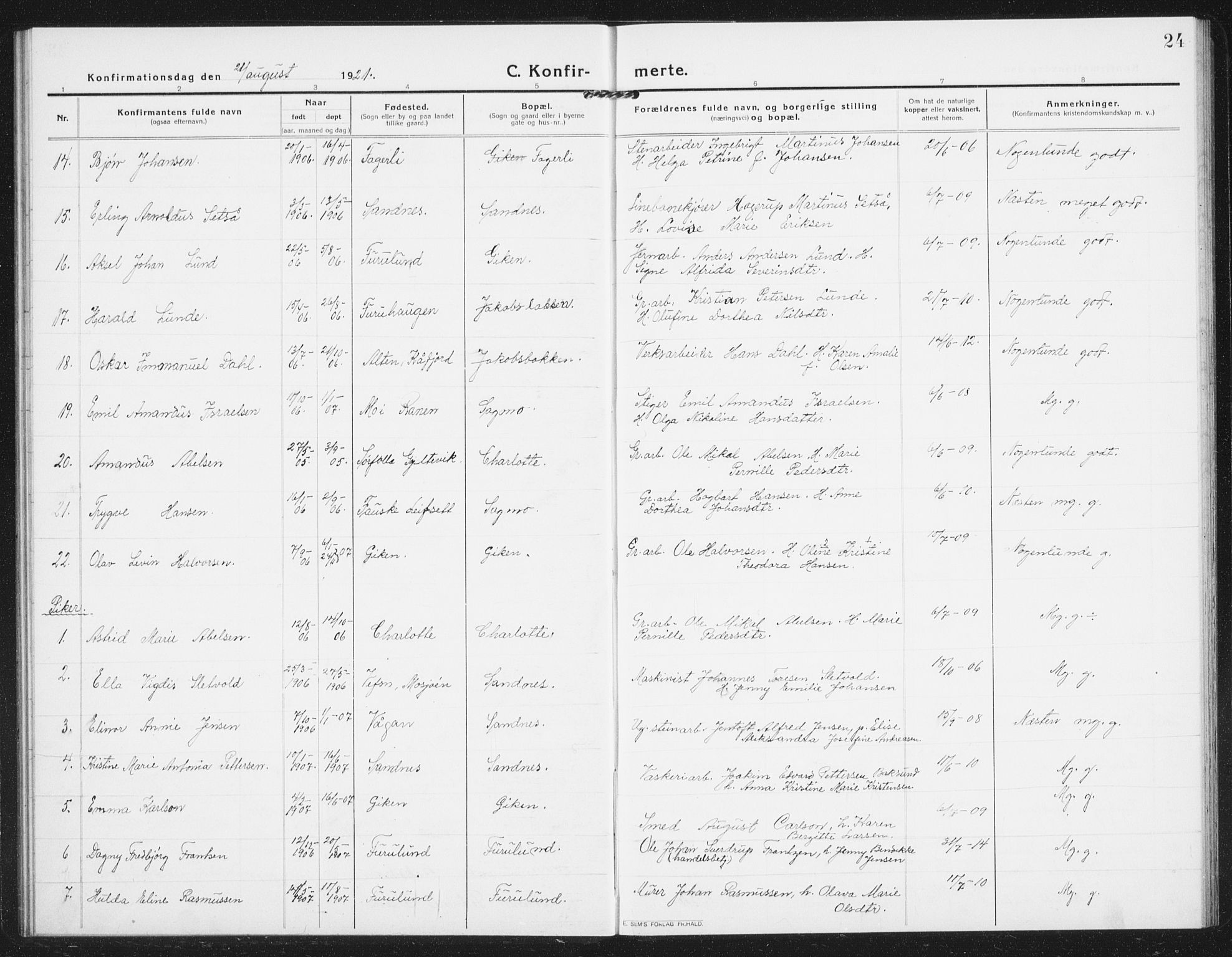 Ministerialprotokoller, klokkerbøker og fødselsregistre - Nordland, SAT/A-1459/850/L0717: Parish register (copy) no. 850C01, 1915-1941, p. 24