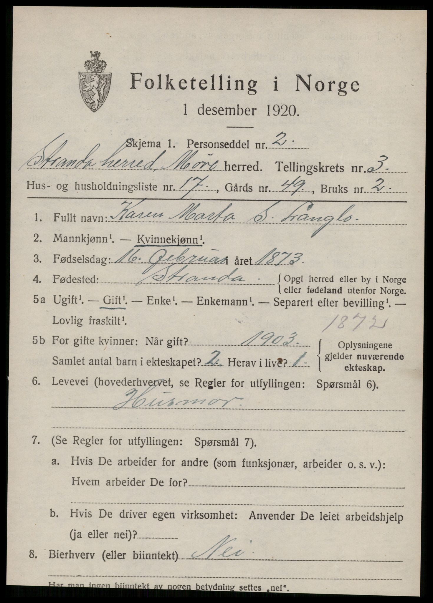 SAT, 1920 census for Stranda, 1920, p. 1781