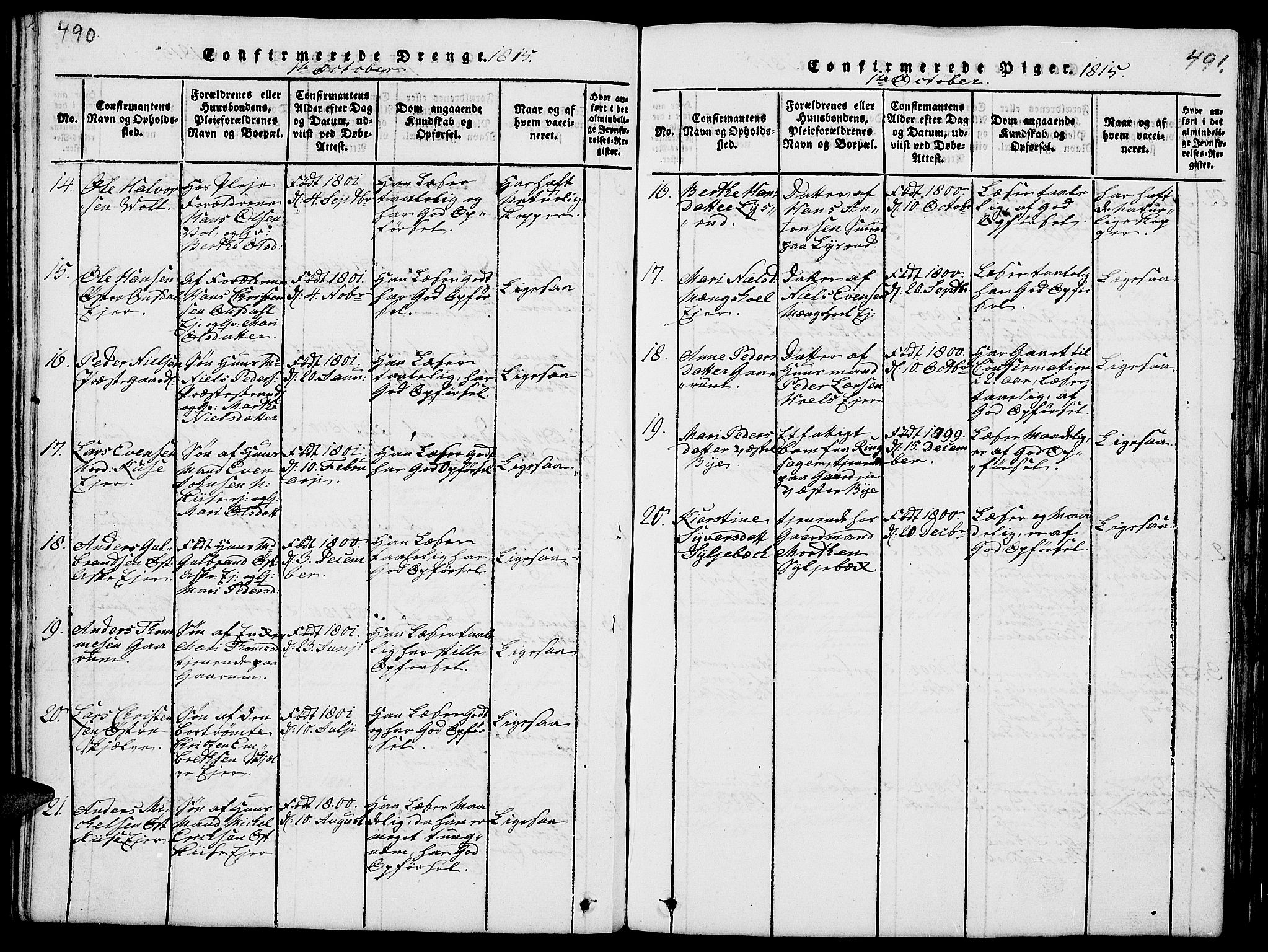 Nes prestekontor, Hedmark, AV/SAH-PREST-020/L/La/L0003: Parish register (copy) no. 3, 1814-1831, p. 490-491