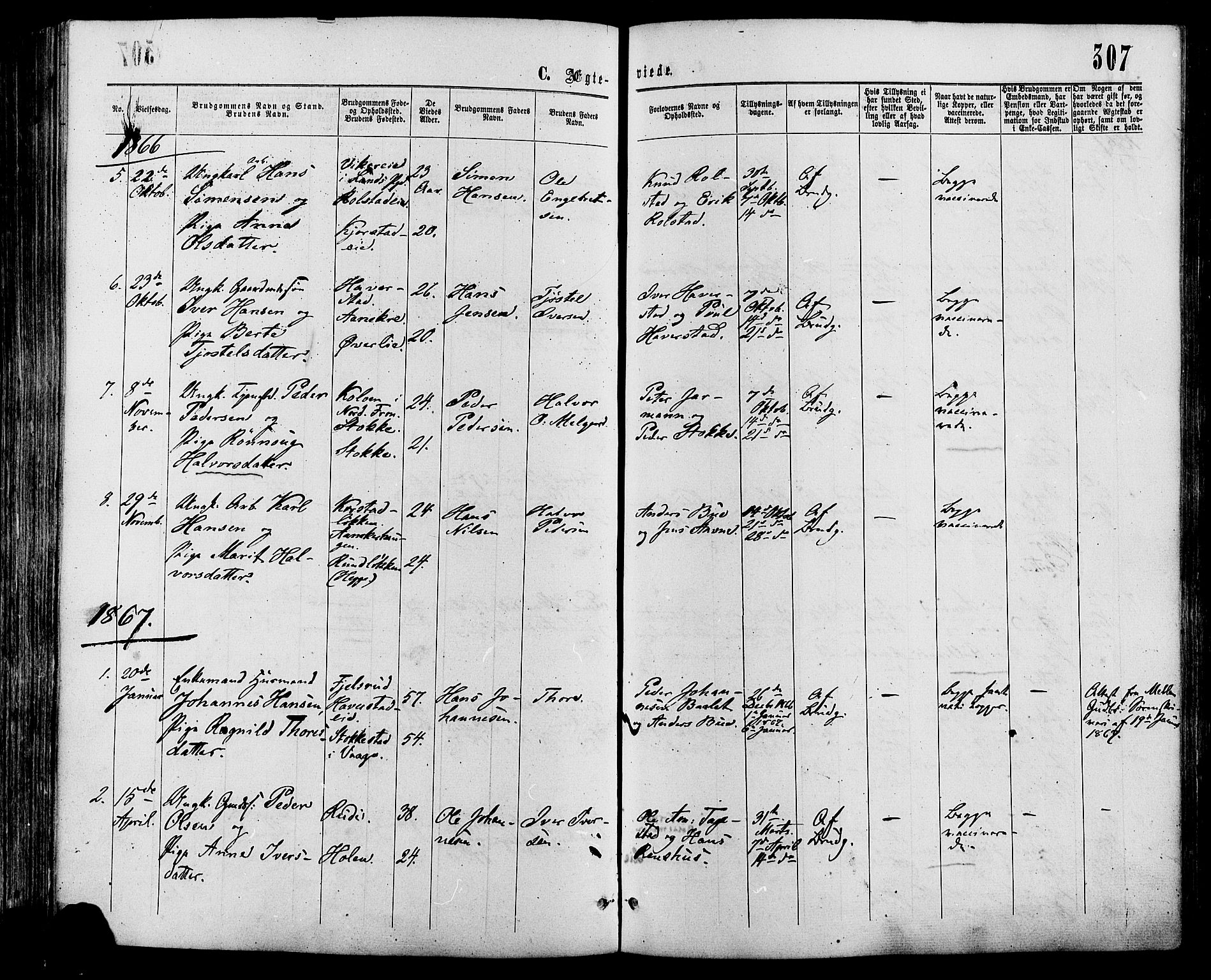 Sør-Fron prestekontor, AV/SAH-PREST-010/H/Ha/Haa/L0002: Parish register (official) no. 2, 1864-1880, p. 307