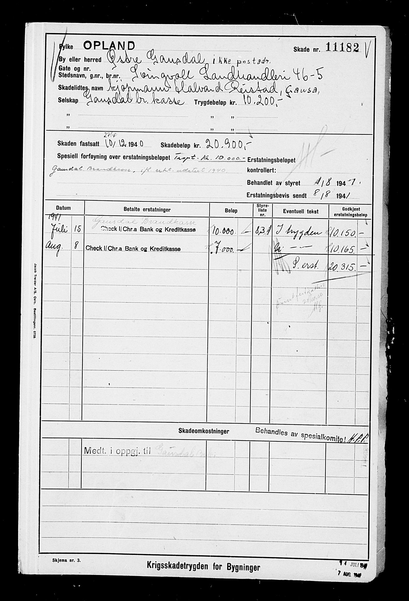 Krigsskadetrygdene for bygninger og løsøre, AV/RA-S-1548/V/L0002: --, 1940-1945