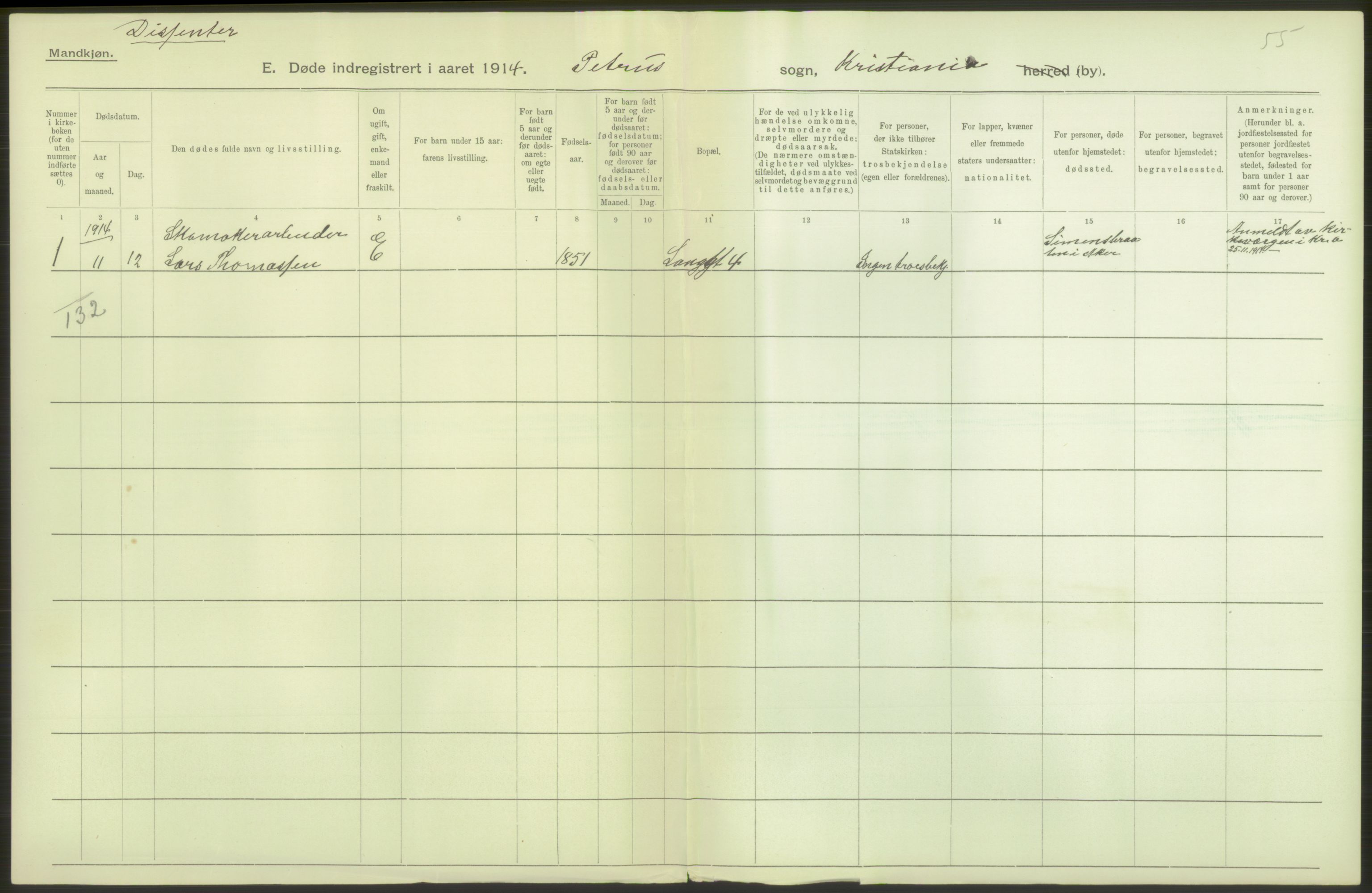 Statistisk sentralbyrå, Sosiodemografiske emner, Befolkning, AV/RA-S-2228/D/Df/Dfb/Dfbd/L0008: Kristiania: Døde, 1914, p. 316