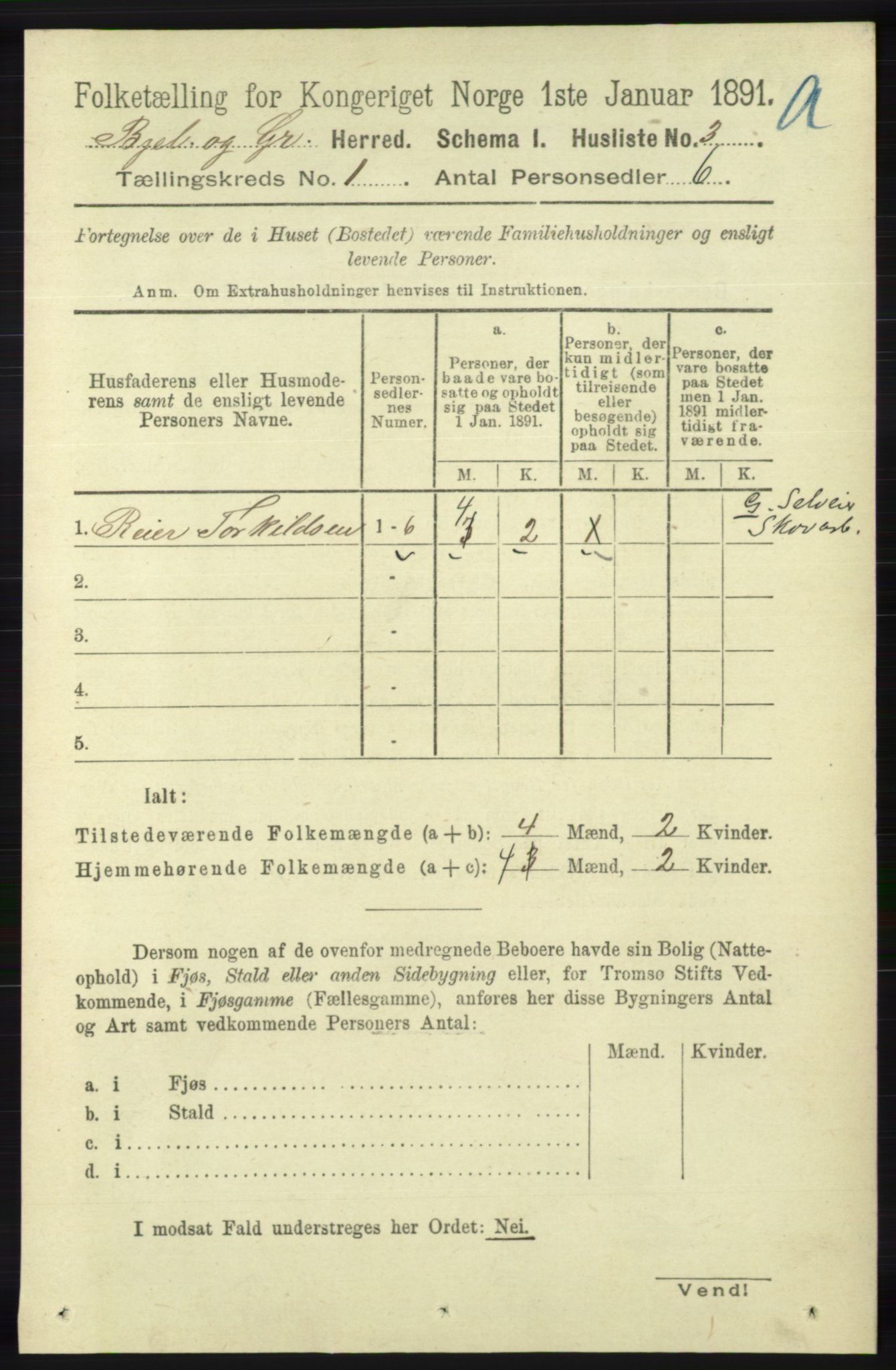 RA, 1891 census for 1024 Bjelland og Grindheim, 1891, p. 24