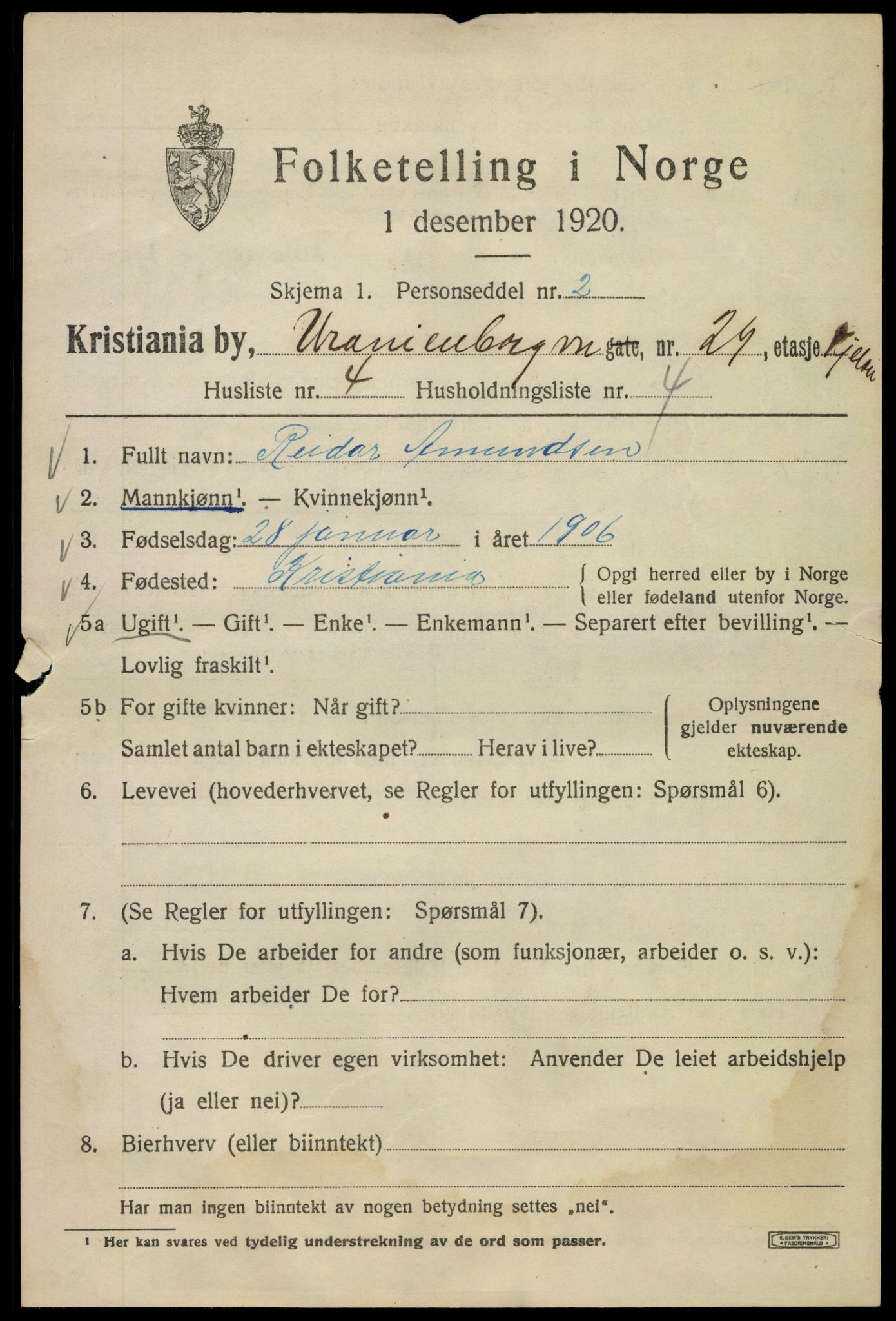 SAO, 1920 census for Kristiania, 1920, p. 620181