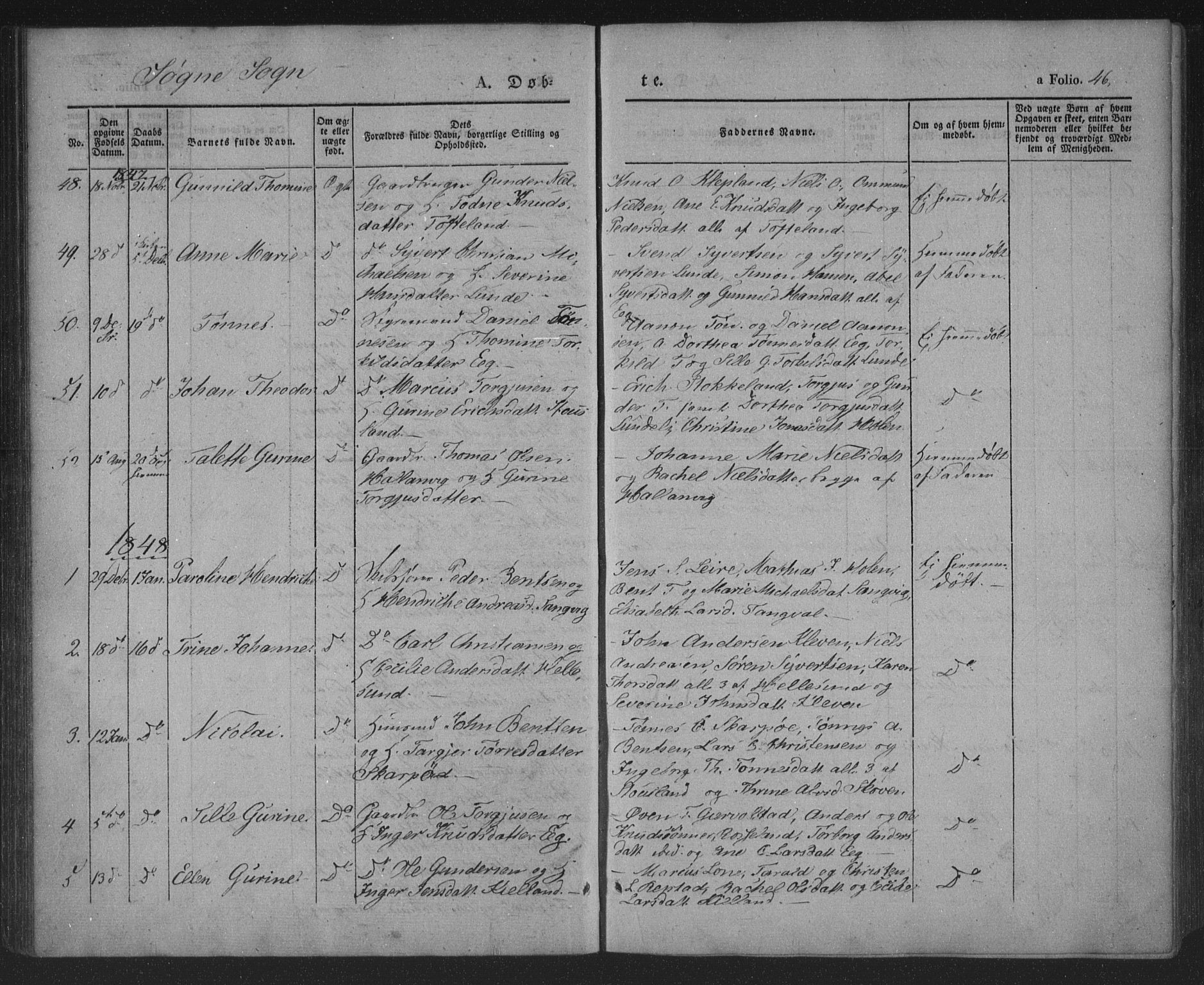 Søgne sokneprestkontor, AV/SAK-1111-0037/F/Fa/Fab/L0009: Parish register (official) no. A 9, 1838-1853, p. 46