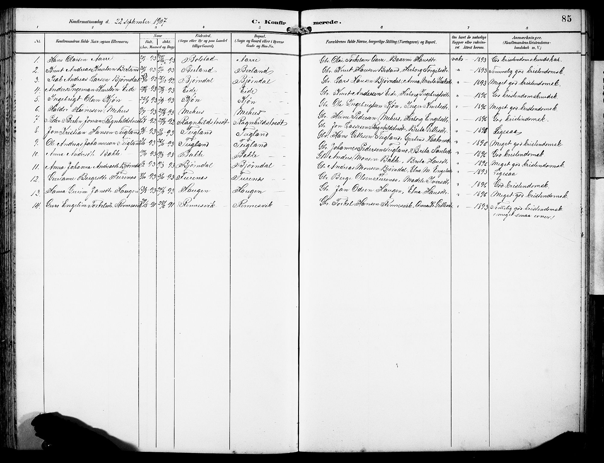 Fusa sokneprestembete, SAB/A-75401/H/Hab: Parish register (copy) no. B 2, 1897-1930, p. 85