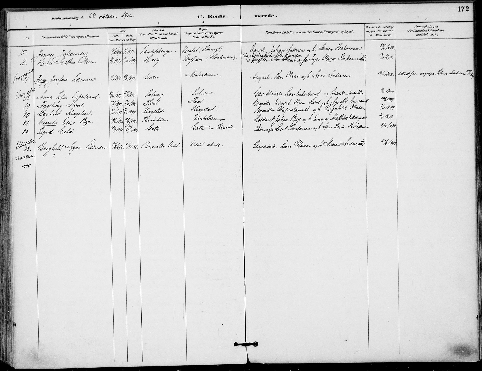 Haug kirkebøker, AV/SAKO-A-604/F/Fa/L0001: Parish register (official) no. 1, 1885-1917, p. 172