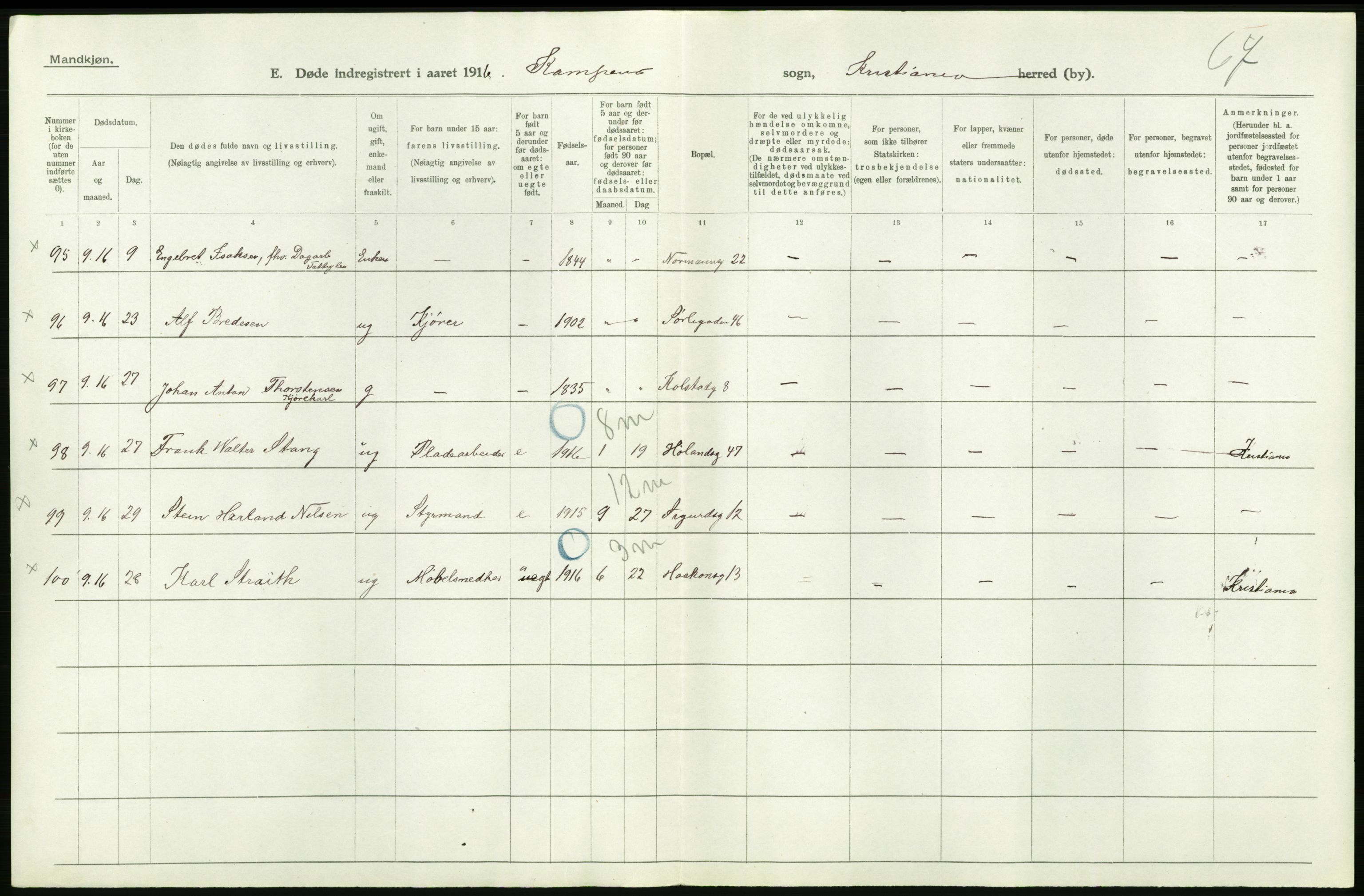 Statistisk sentralbyrå, Sosiodemografiske emner, Befolkning, AV/RA-S-2228/D/Df/Dfb/Dfbf/L0009: Kristiania: Døde., 1916, p. 182