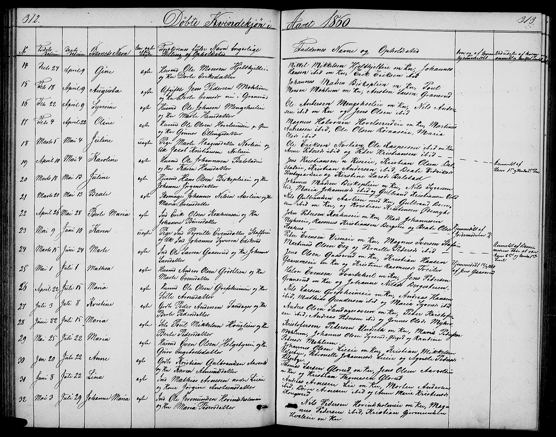 Nes prestekontor, Hedmark, SAH/PREST-020/L/La/L0005: Parish register (copy) no. 5, 1852-1889, p. 312-313