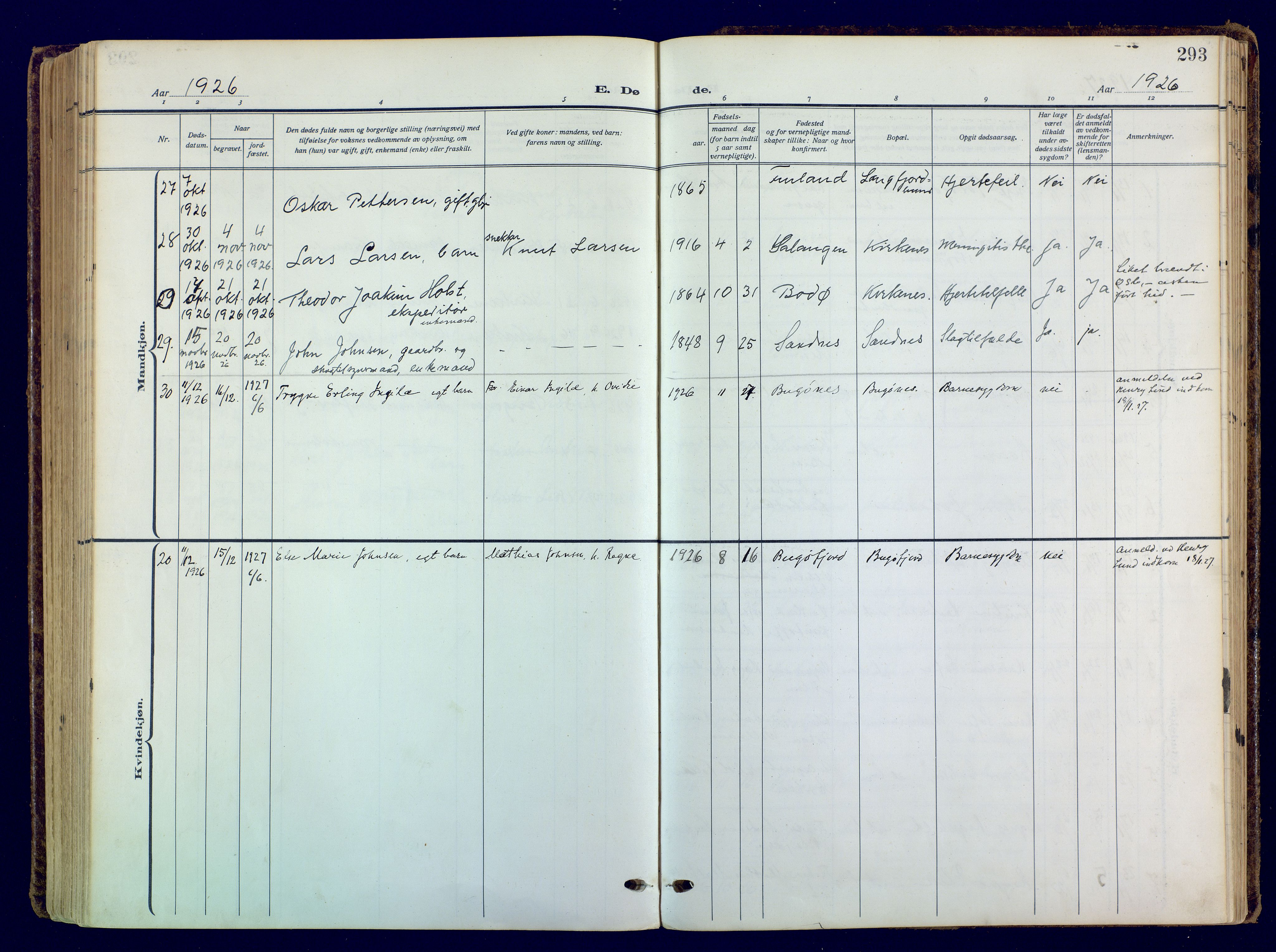 Sør-Varanger sokneprestkontor, AV/SATØ-S-1331/H/Ha/L0006kirke: Parish register (official) no. 6, 1919-1927, p. 293