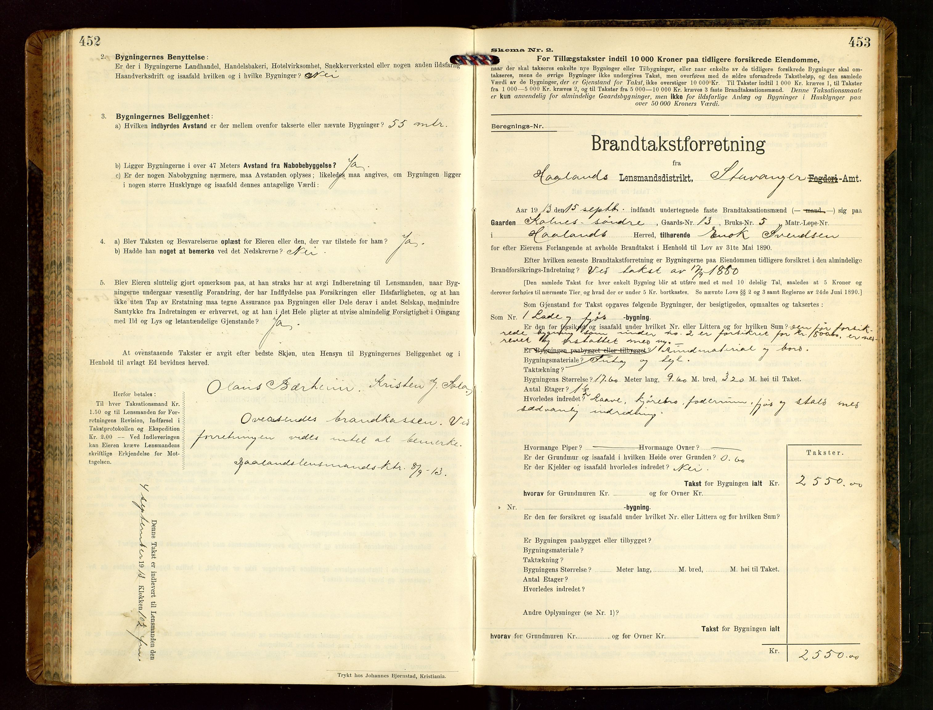 Håland lensmannskontor, AV/SAST-A-100100/Gob/L0004: Branntakstprotokoll - skjematakst. Register i boken., 1913-1915, p. 452-453