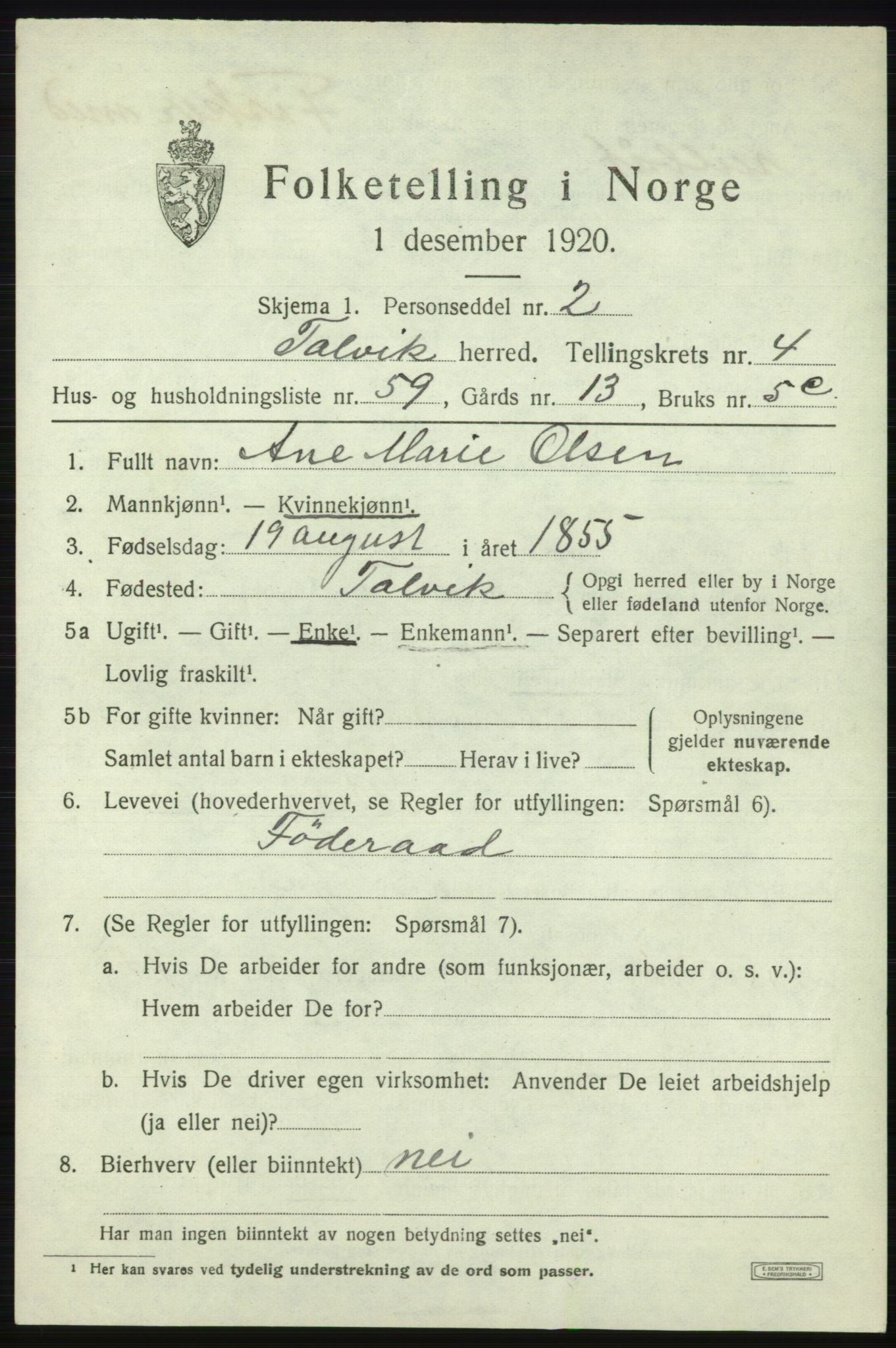 SATØ, 1920 census for Talvik, 1920, p. 3256