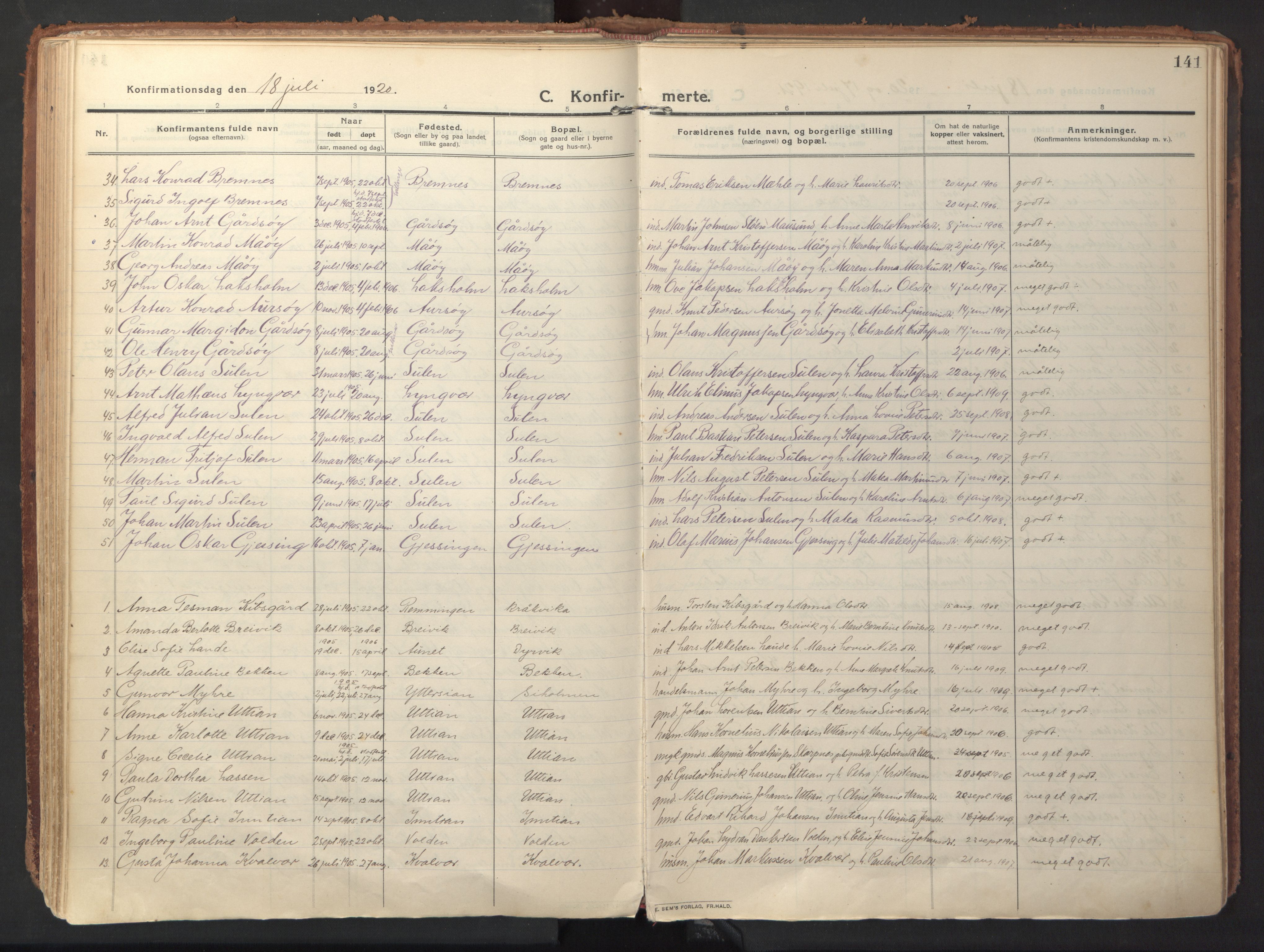 Ministerialprotokoller, klokkerbøker og fødselsregistre - Sør-Trøndelag, AV/SAT-A-1456/640/L0581: Parish register (official) no. 640A06, 1910-1924, p. 141