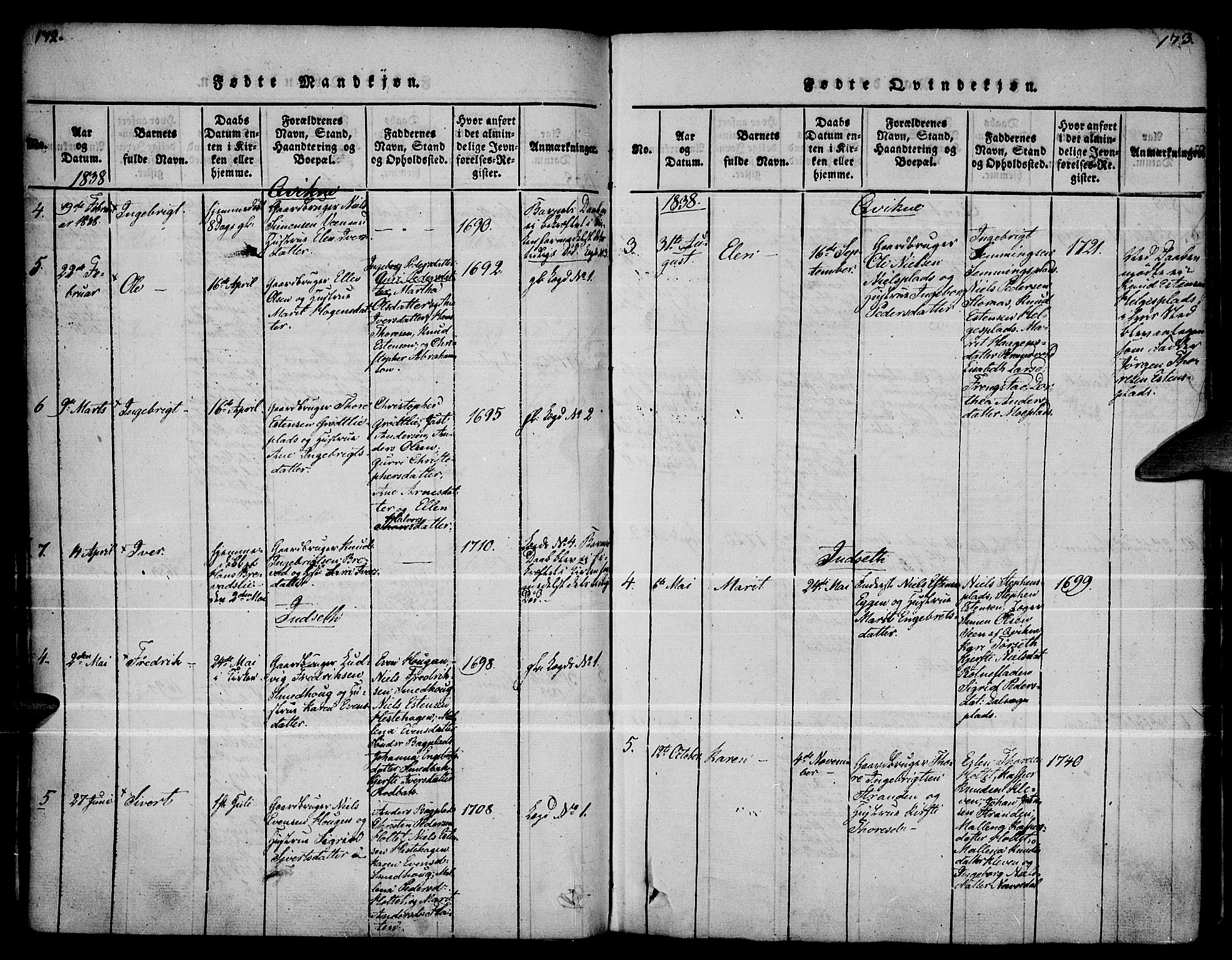 Kvikne prestekontor, AV/SAH-PREST-064/H/Ha/Haa/L0004: Parish register (official) no. 4, 1815-1840, p. 172-173