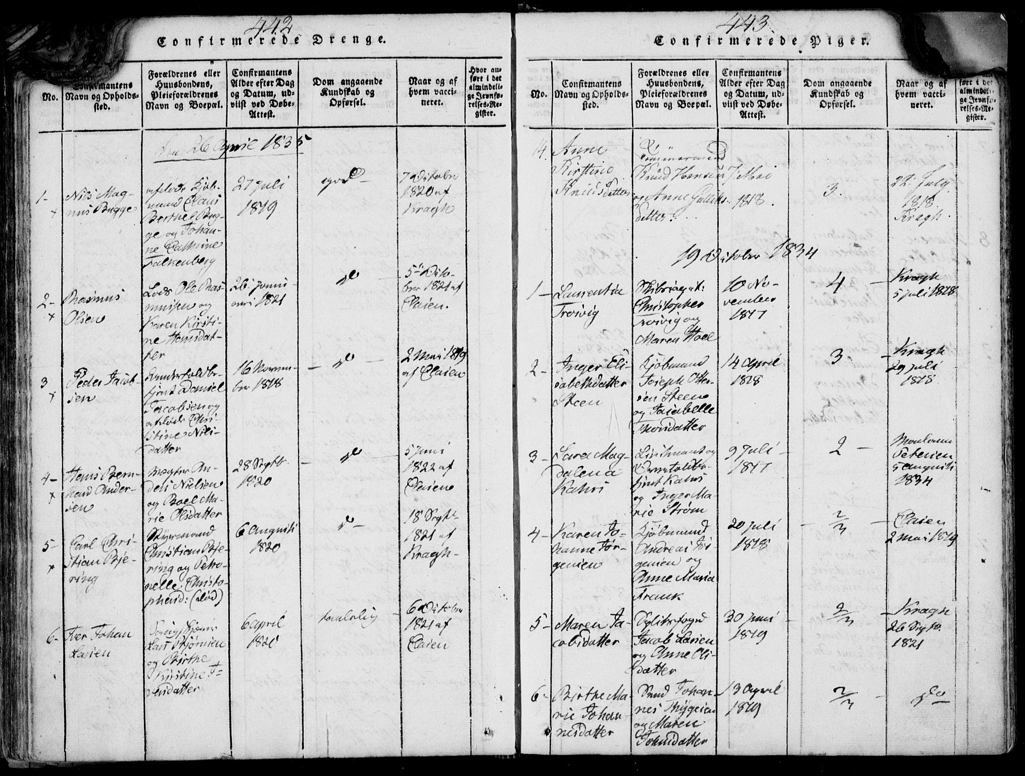 Larvik kirkebøker, SAKO/A-352/F/Fb/L0002: Parish register (official) no. II 2, 1818-1842, p. 442-443