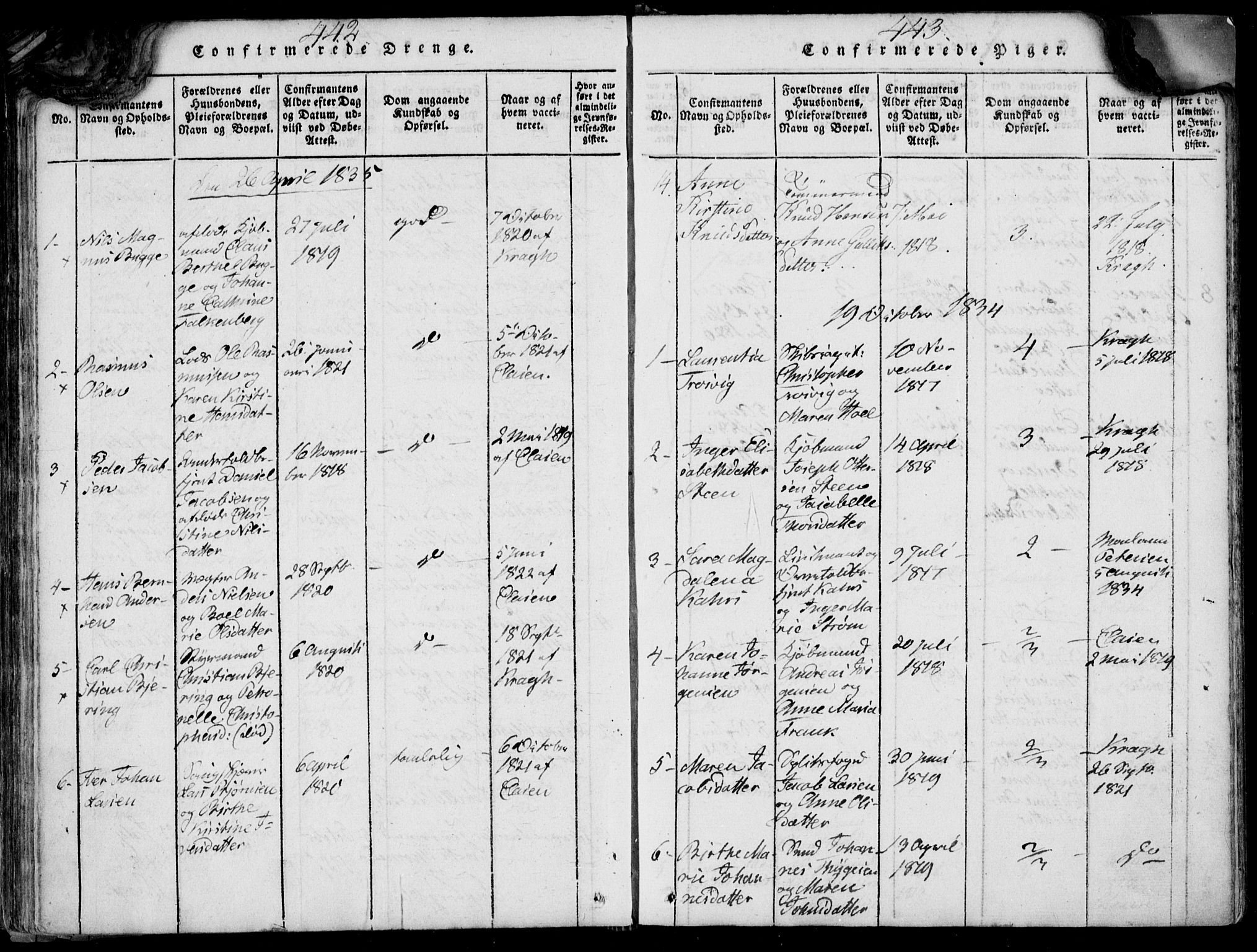 Larvik kirkebøker, AV/SAKO-A-352/F/Fb/L0002: Parish register (official) no. II 2, 1818-1842, p. 442-443