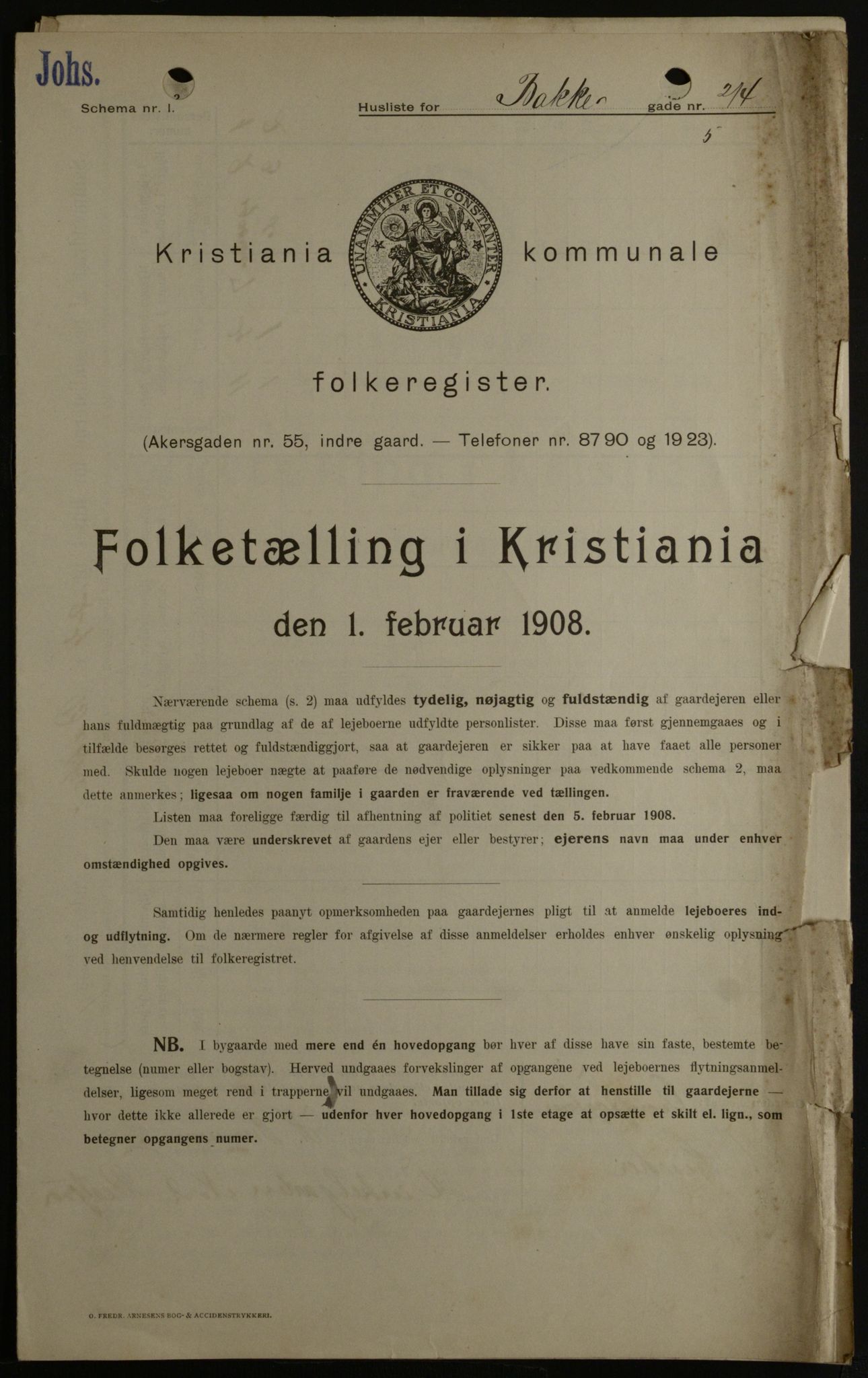 OBA, Municipal Census 1908 for Kristiania, 1908, p. 2730