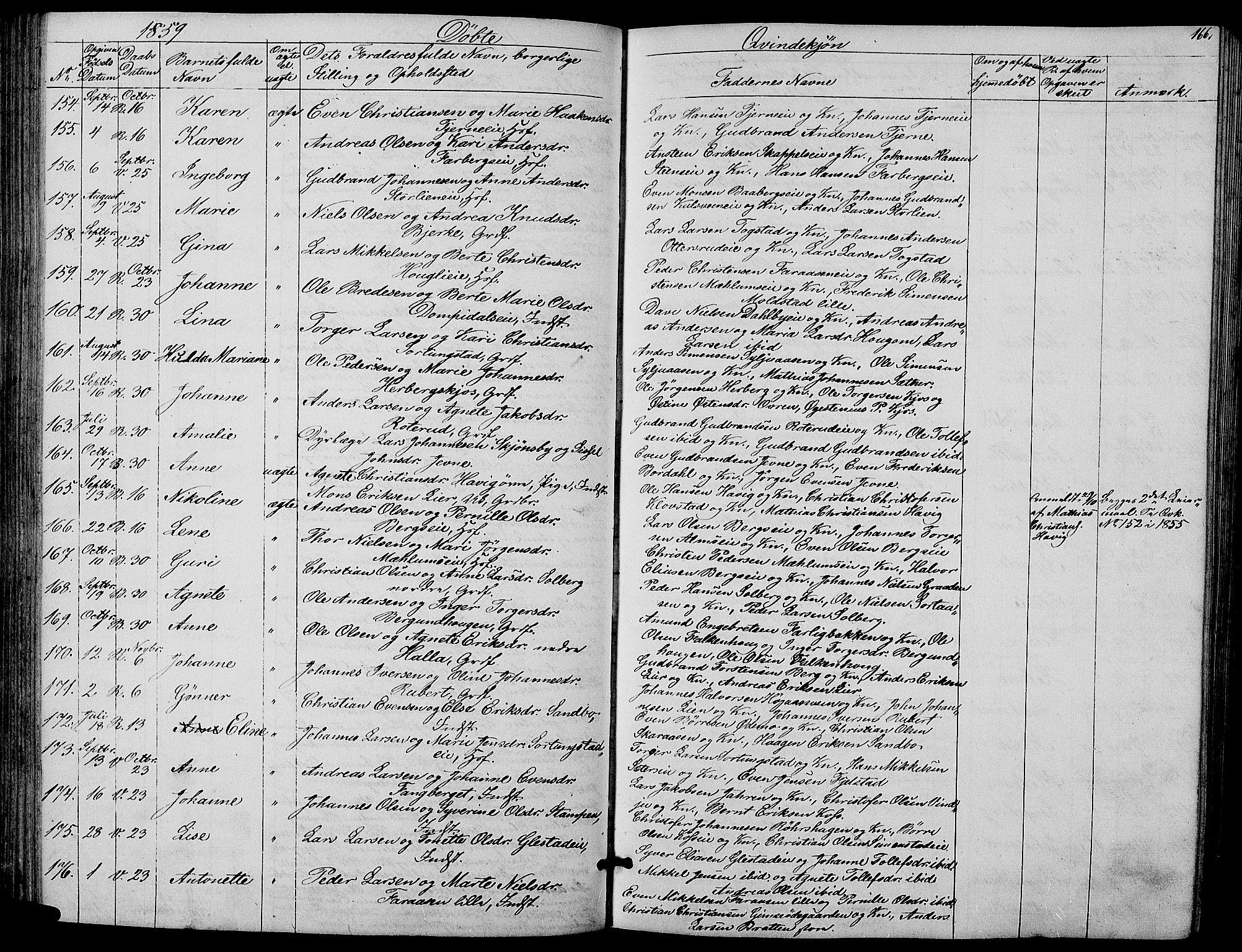 Ringsaker prestekontor, AV/SAH-PREST-014/L/La/L0006: Parish register (copy) no. 6, 1851-1860, p. 166