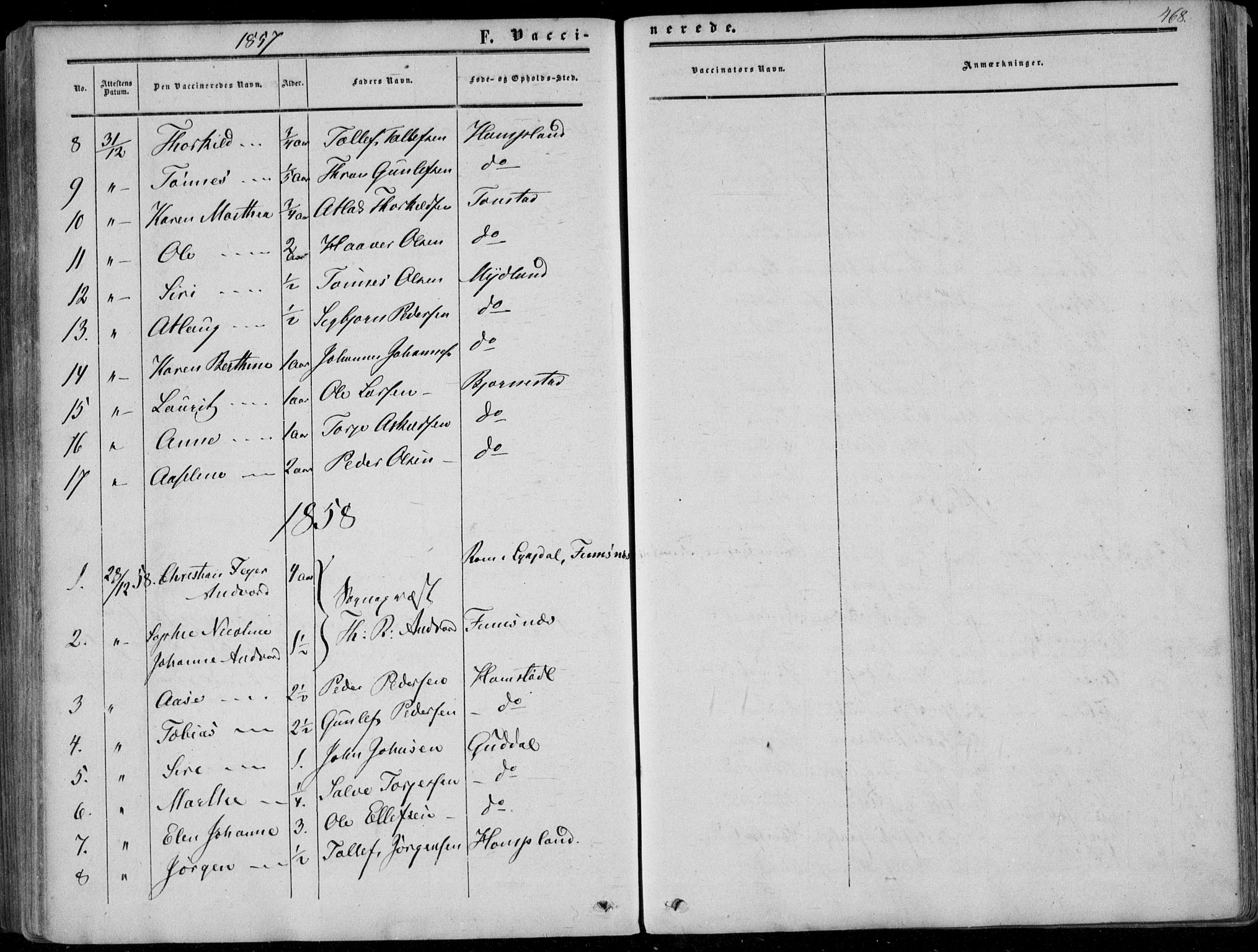 Sirdal sokneprestkontor, AV/SAK-1111-0036/F/Fa/Fab/L0002: Parish register (official) no. A 2, 1855-1874, p. 468