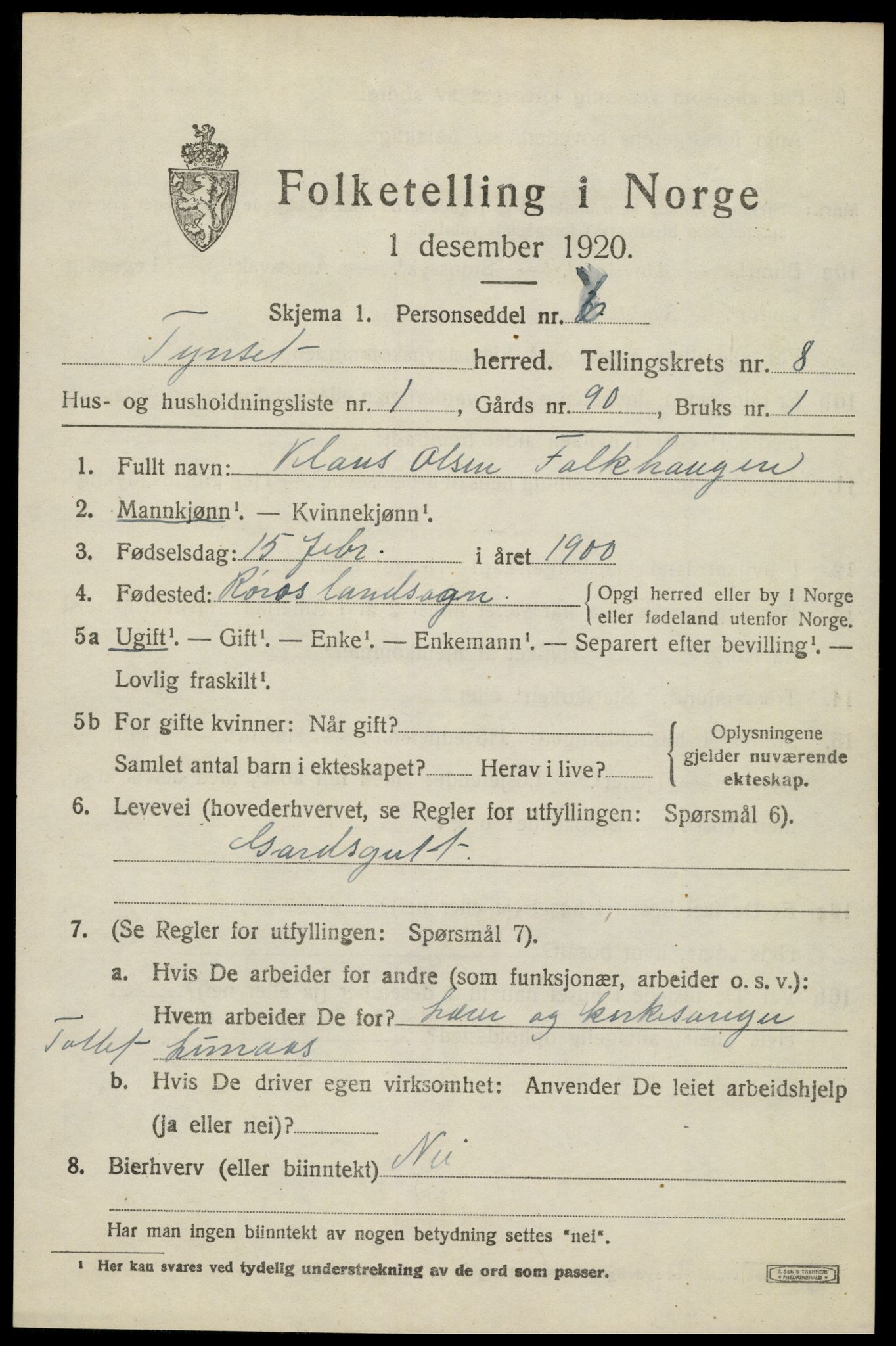 SAH, 1920 census for Tynset, 1920, p. 6554