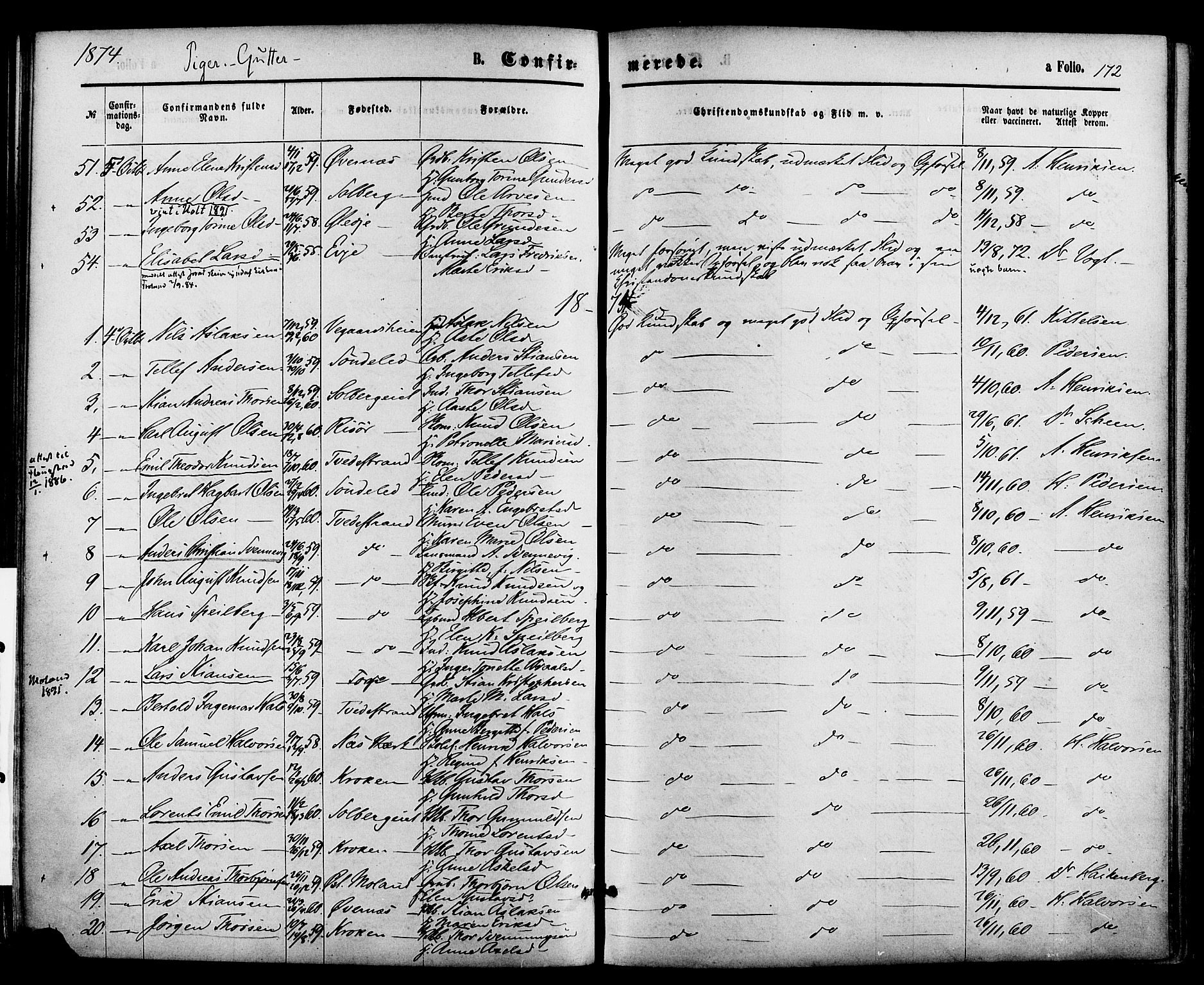 Holt sokneprestkontor, SAK/1111-0021/F/Fa/L0010: Parish register (official) no. A 10, 1872-1885, p. 172