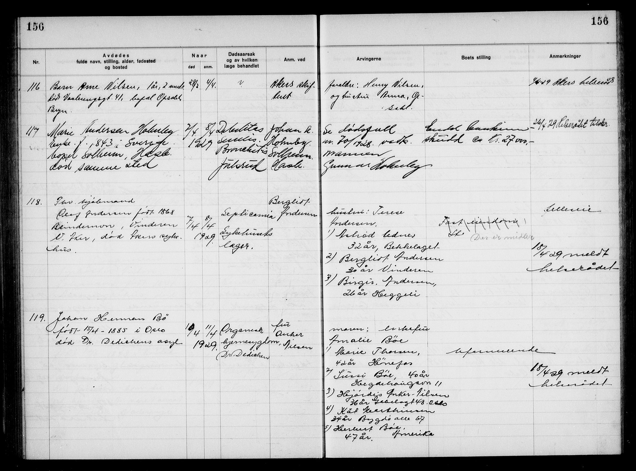 Aker kriminaldommer, skifte- og auksjonsforvalterembete, AV/SAO-A-10452/H/Hb/Hba/Hbac/L0002: Dødsfallsprotokoll for Østre Aker, 1927-1931, p. 156