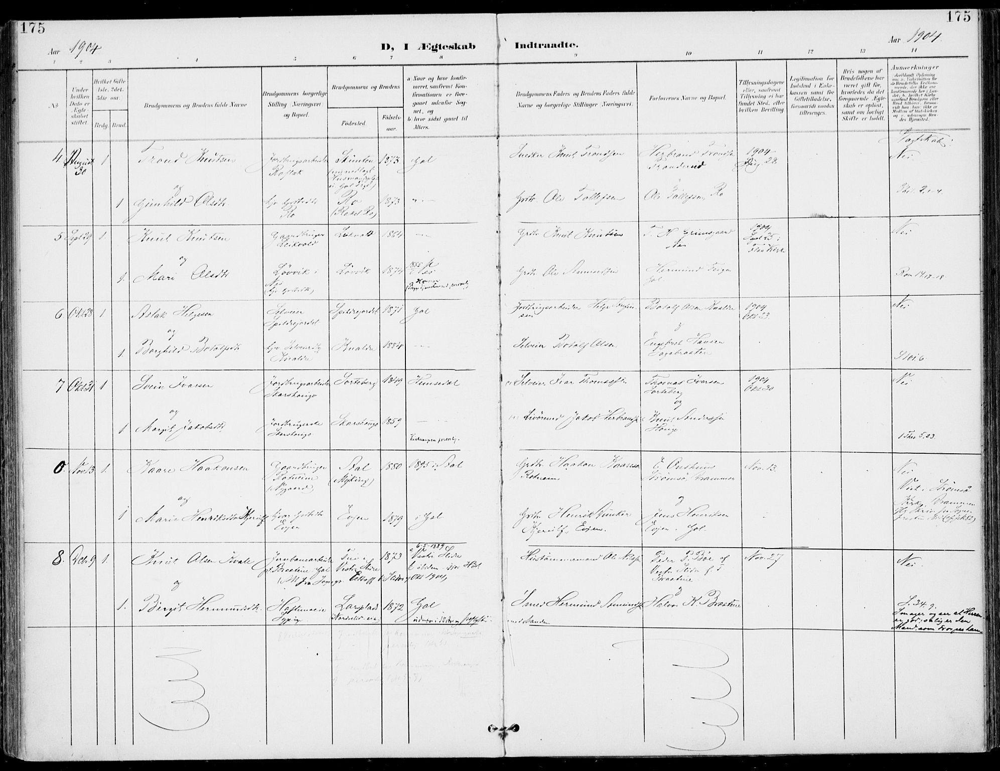Gol kirkebøker, SAKO/A-226/F/Fa/L0006: Parish register (official) no. I 6, 1901-1918, p. 175