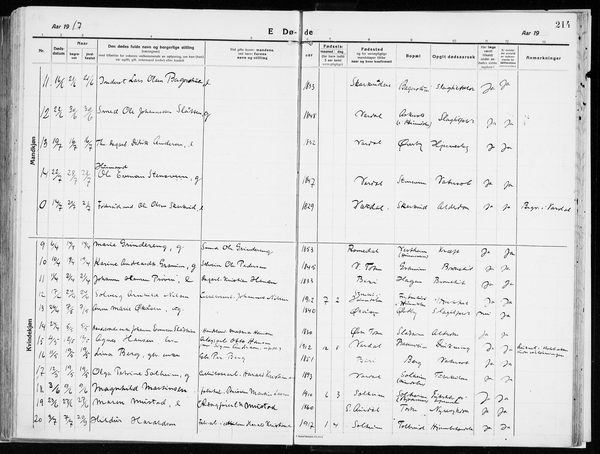 Vardal prestekontor, SAH/PREST-100/H/Ha/Haa/L0017: Parish register (official) no. 17, 1915-1929, p. 214