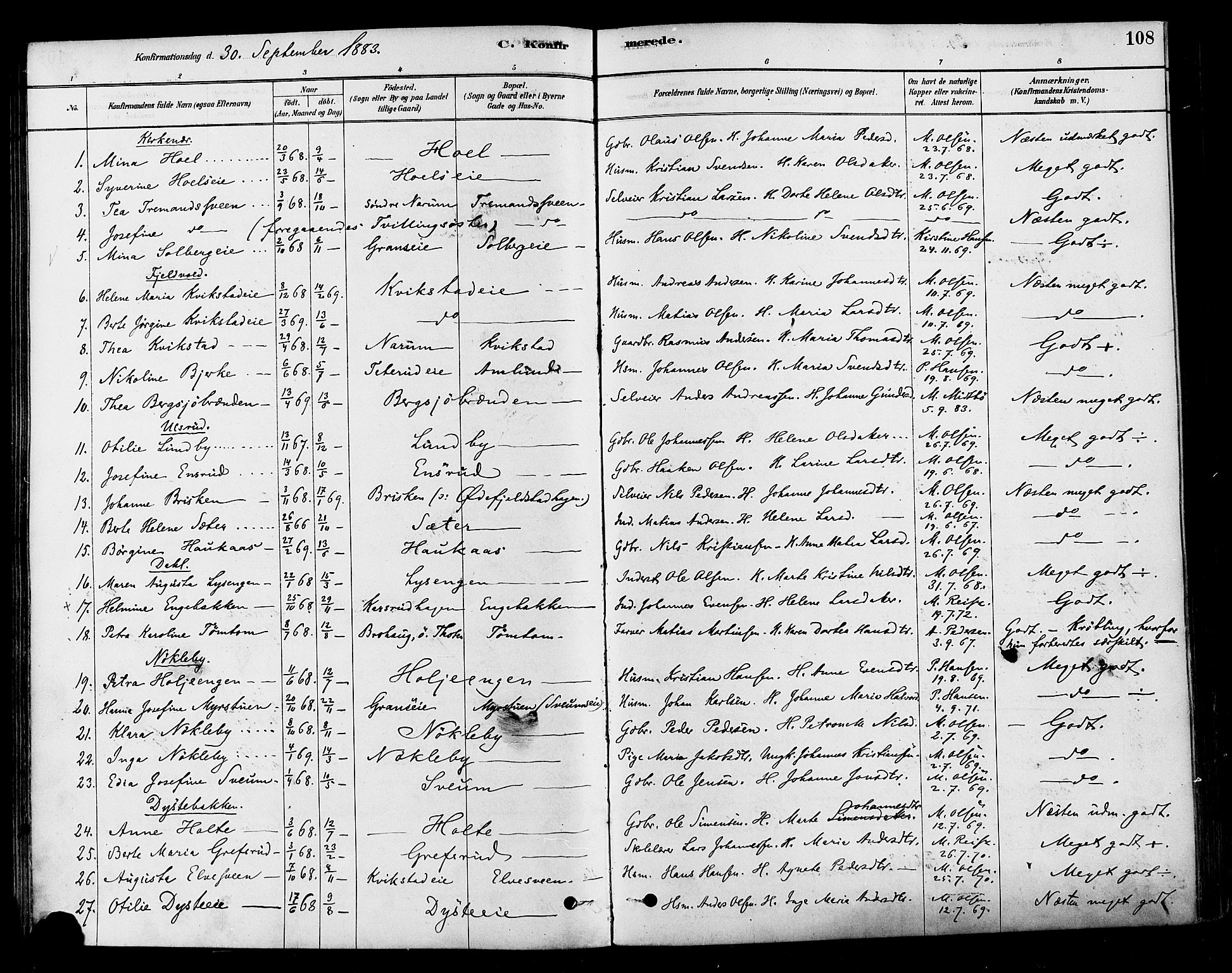 Vestre Toten prestekontor, AV/SAH-PREST-108/H/Ha/Haa/L0010: Parish register (official) no. 10, 1878-1894, p. 108