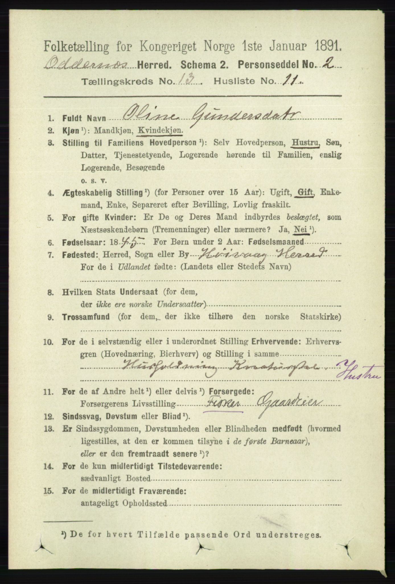 RA, 1891 census for 1012 Oddernes, 1891, p. 4703