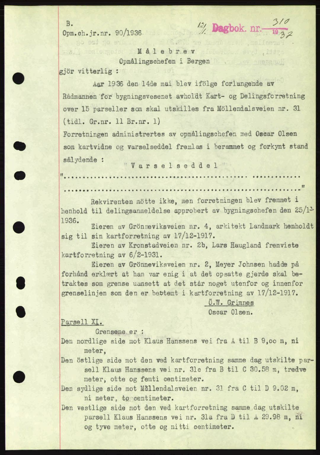 Byfogd og Byskriver i Bergen, SAB/A-3401/03/03Bc/L0004: Mortgage book no. A3-4, 1936-1937, Diary no: : 310/1937