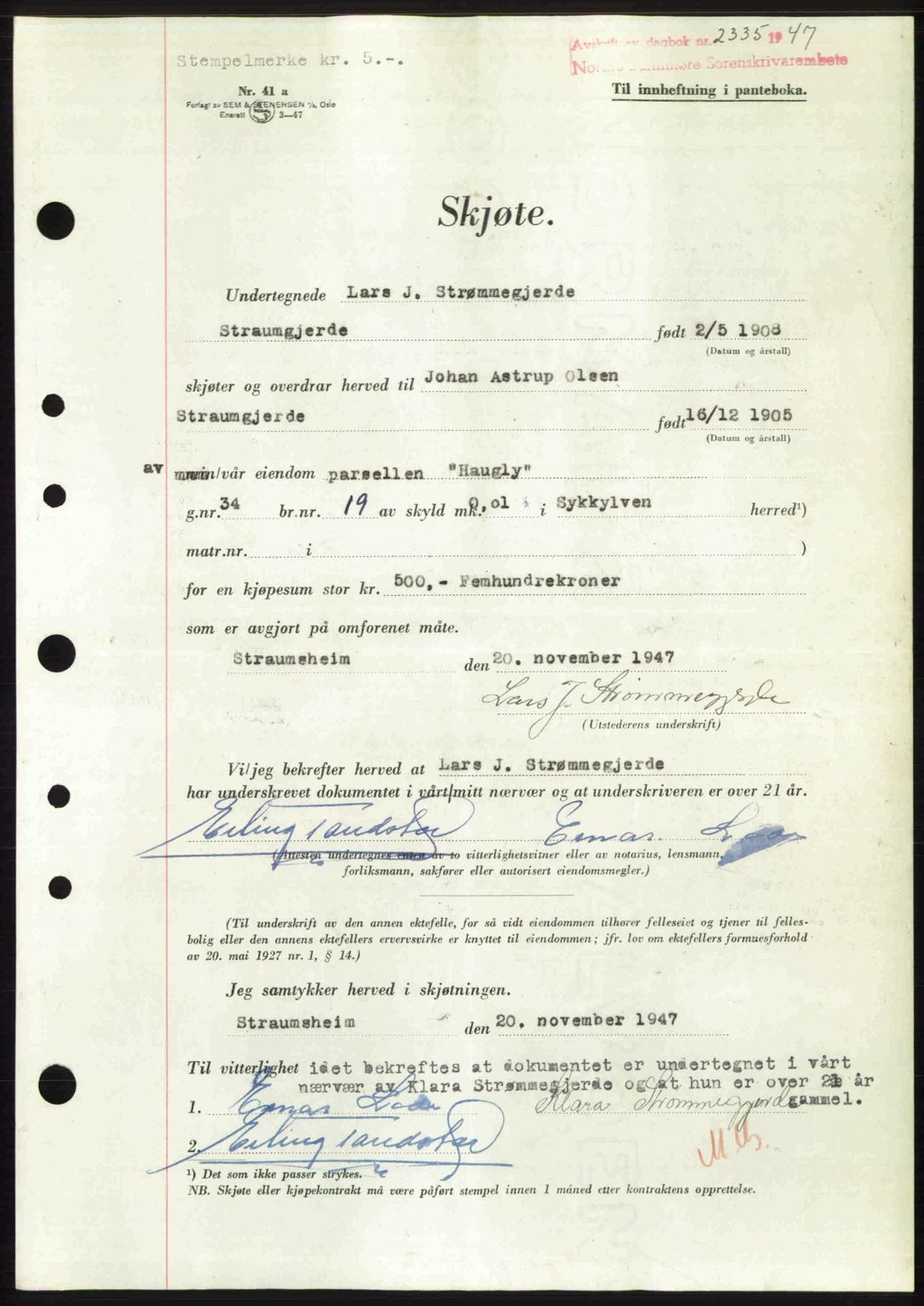 Nordre Sunnmøre sorenskriveri, AV/SAT-A-0006/1/2/2C/2Ca: Mortgage book no. A26, 1947-1948, Diary no: : 2335/1947