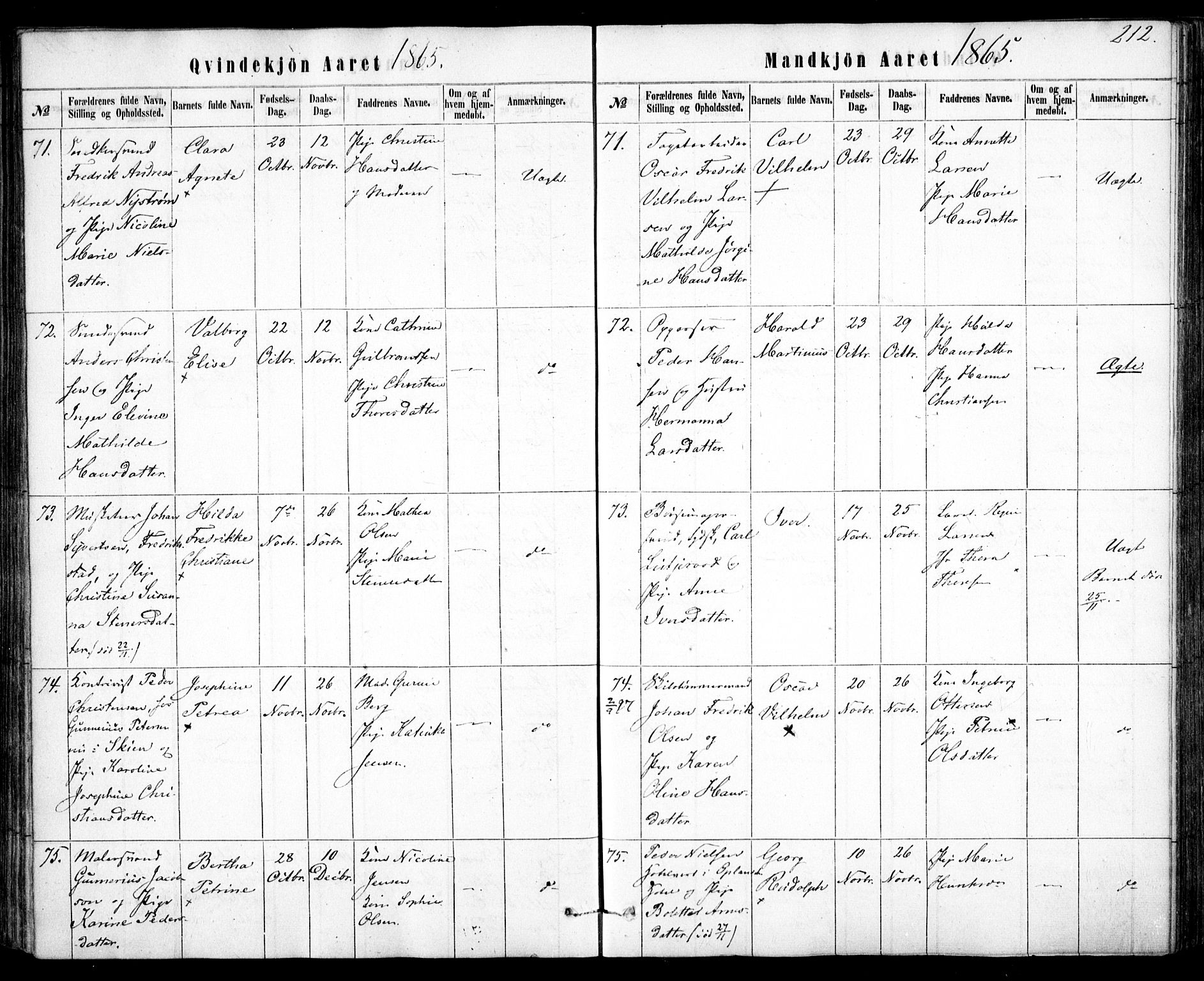 Rikshospitalet prestekontor Kirkebøker, SAO/A-10309b/F/L0004: Parish register (official) no. 4, 1853-1870, p. 212