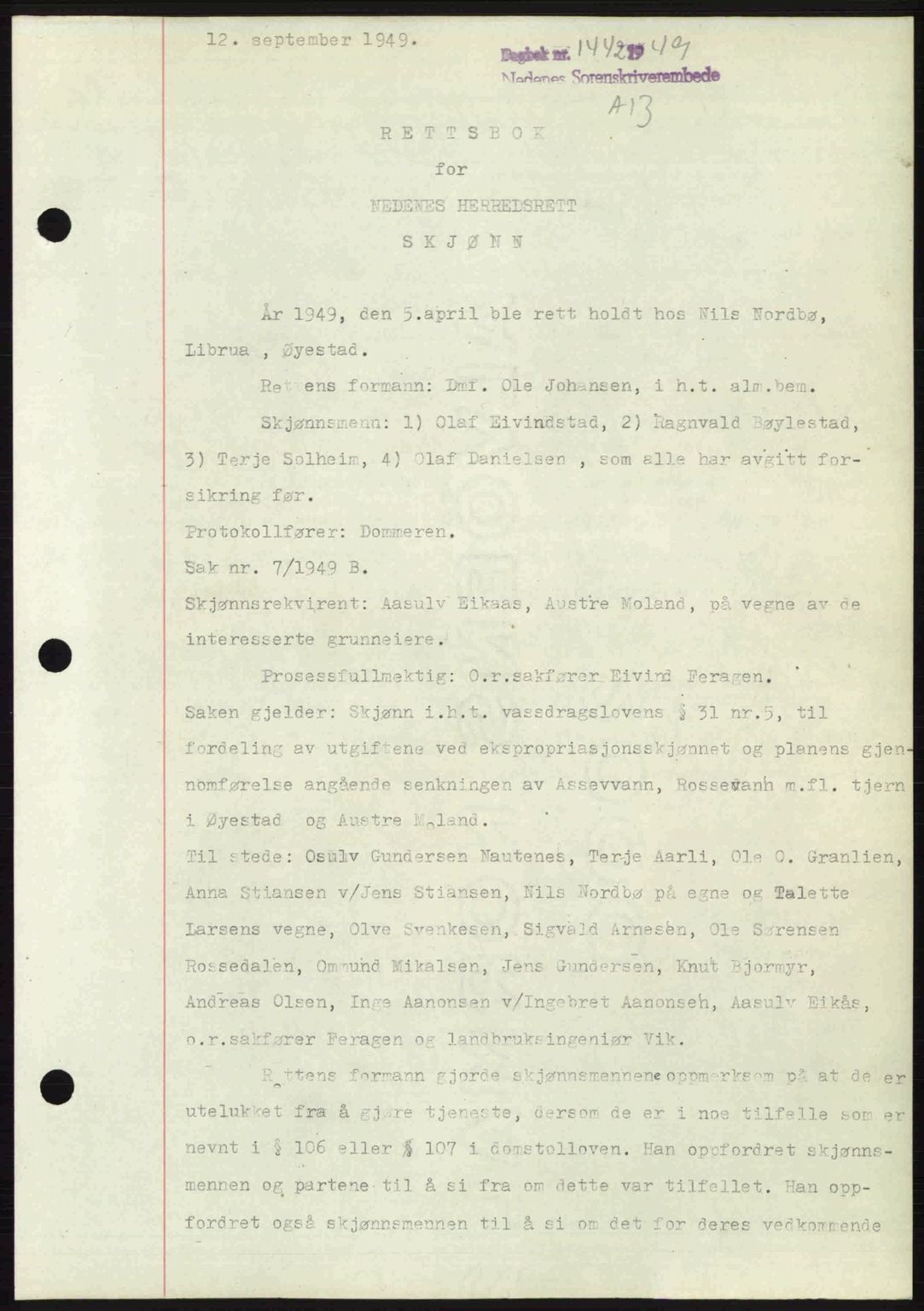 Nedenes sorenskriveri, AV/SAK-1221-0006/G/Gb/Gba/L0061: Mortgage book no. A13, 1949-1949, Diary no: : 1442/1949