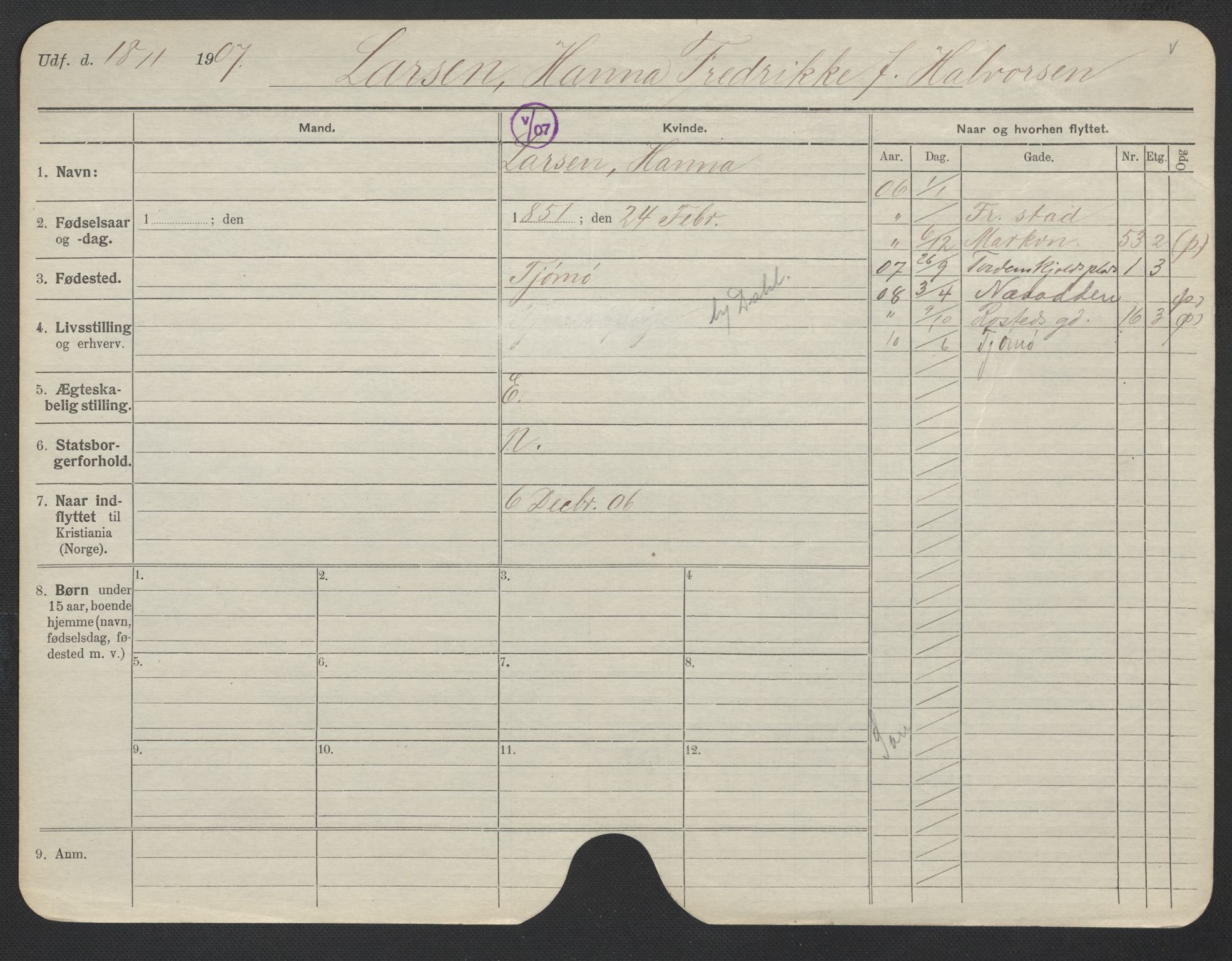 Oslo folkeregister, Registerkort, AV/SAO-A-11715/F/Fa/Fac/L0019: Kvinner, 1906-1914, p. 904a
