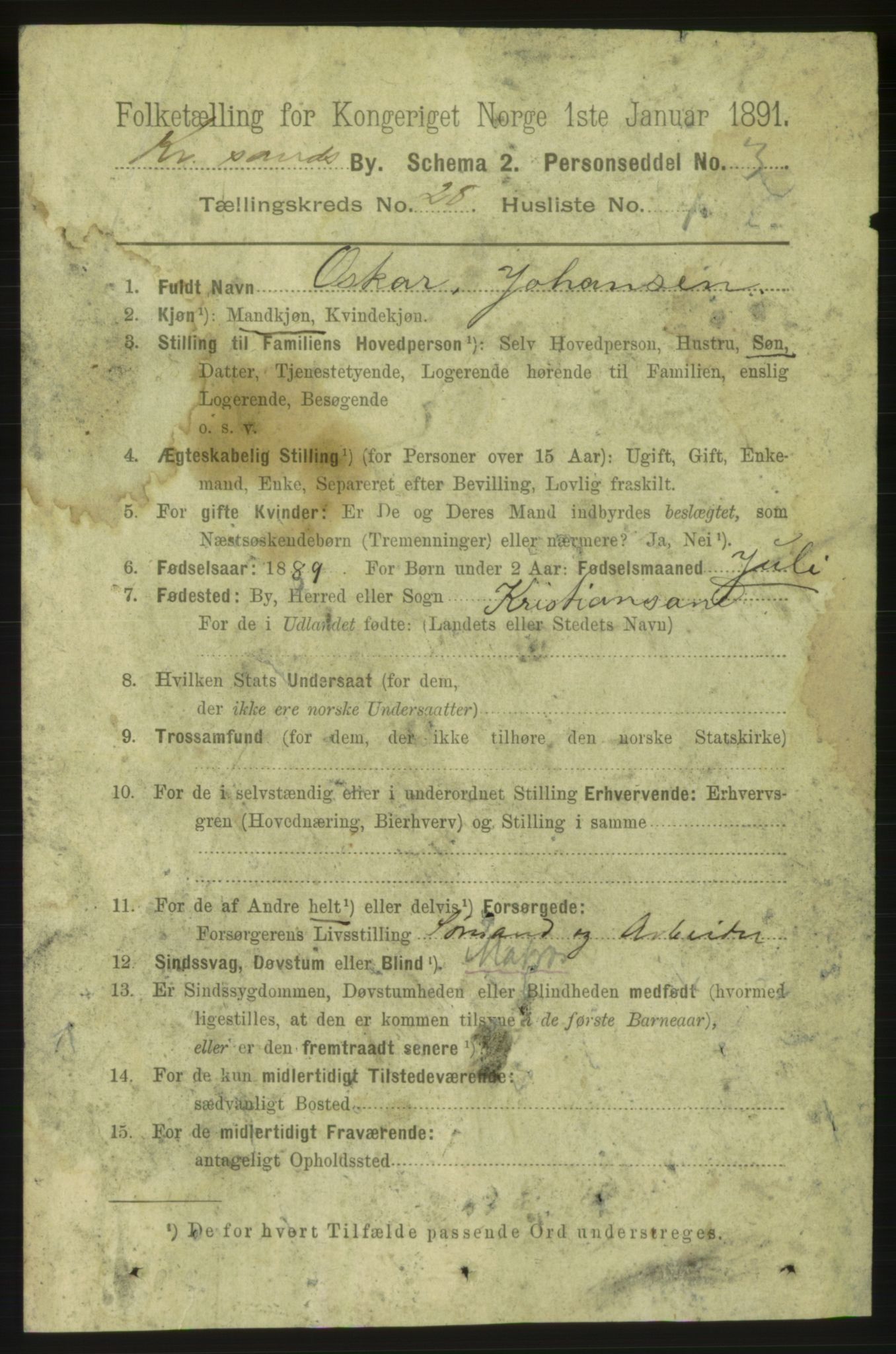 RA, 1891 census for 1001 Kristiansand, 1891, p. 9494