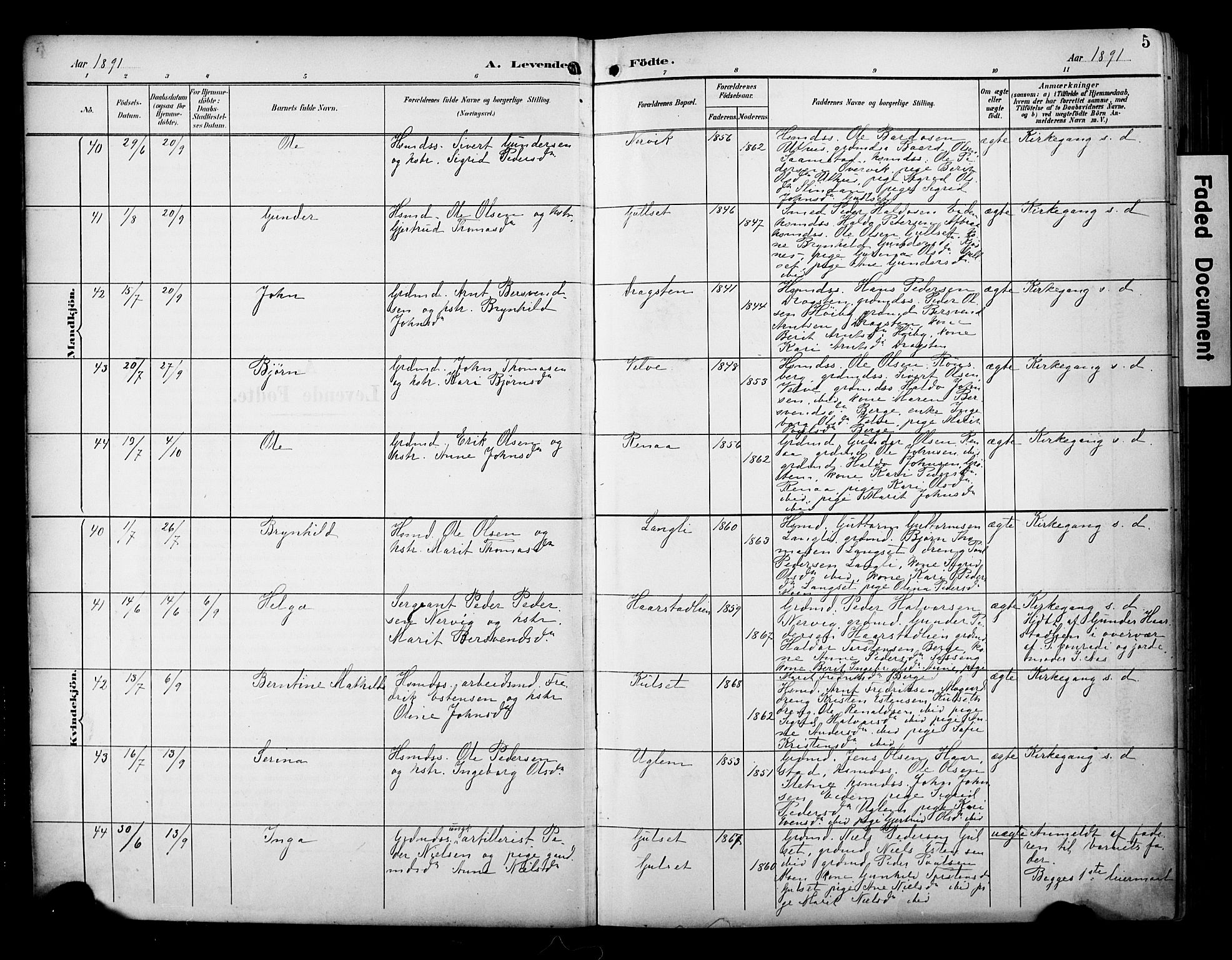 Ministerialprotokoller, klokkerbøker og fødselsregistre - Sør-Trøndelag, SAT/A-1456/695/L1149: Parish register (official) no. 695A09, 1891-1902, p. 5