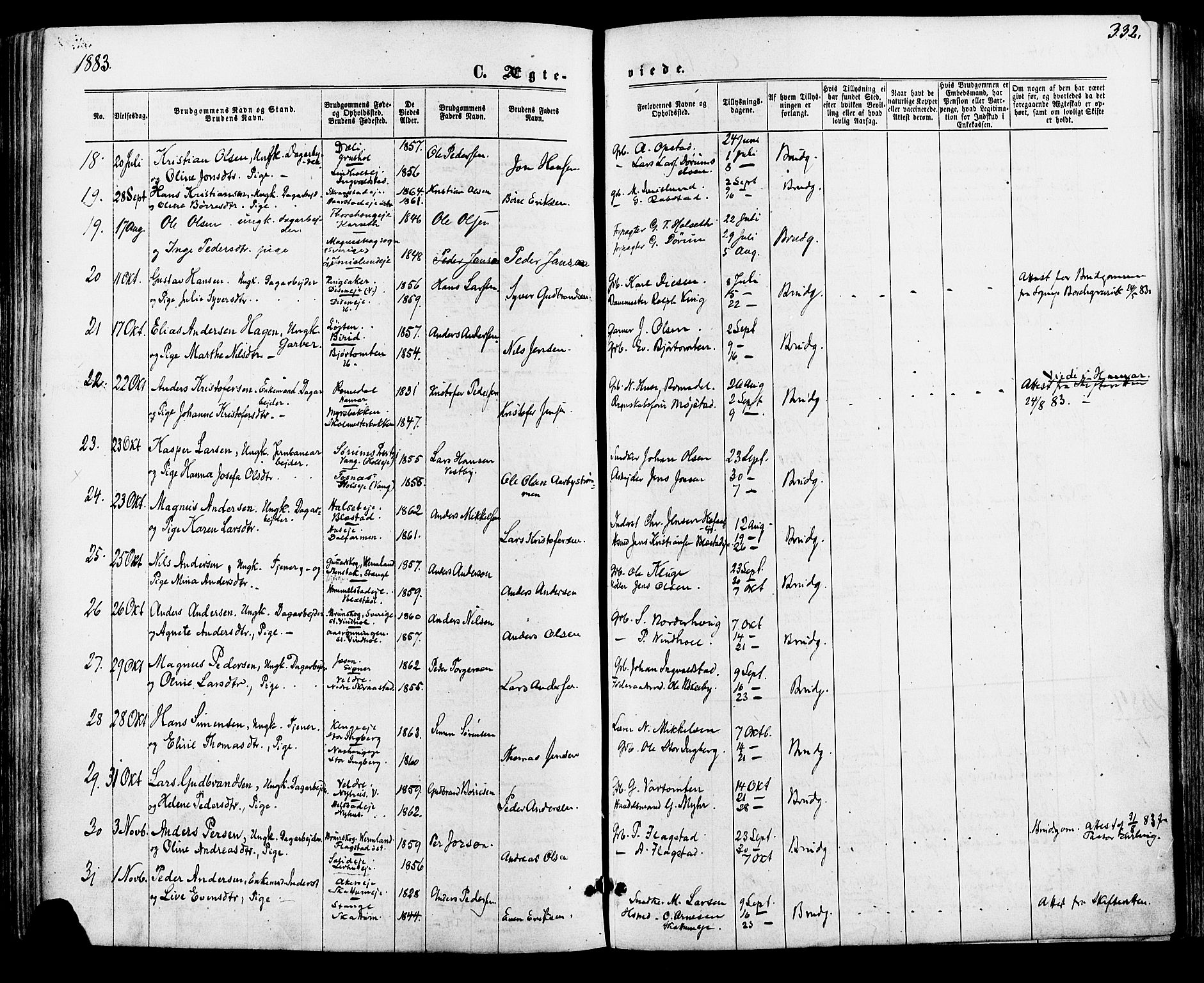 Vang prestekontor, Hedmark, AV/SAH-PREST-008/H/Ha/Haa/L0015: Parish register (official) no. 15, 1871-1885, p. 332