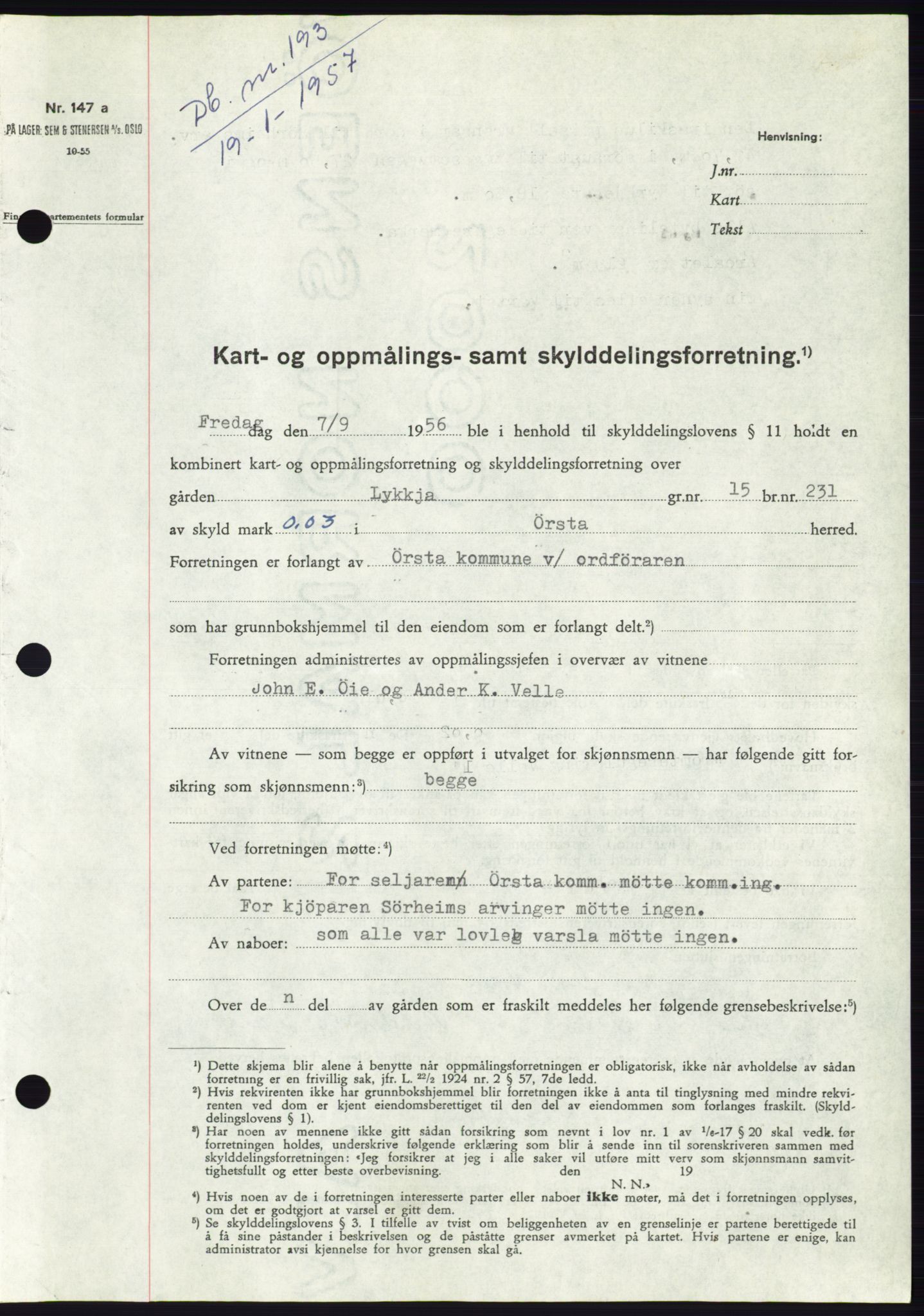 Søre Sunnmøre sorenskriveri, AV/SAT-A-4122/1/2/2C/L0105: Mortgage book no. 31A, 1956-1957, Diary no: : 193/1957