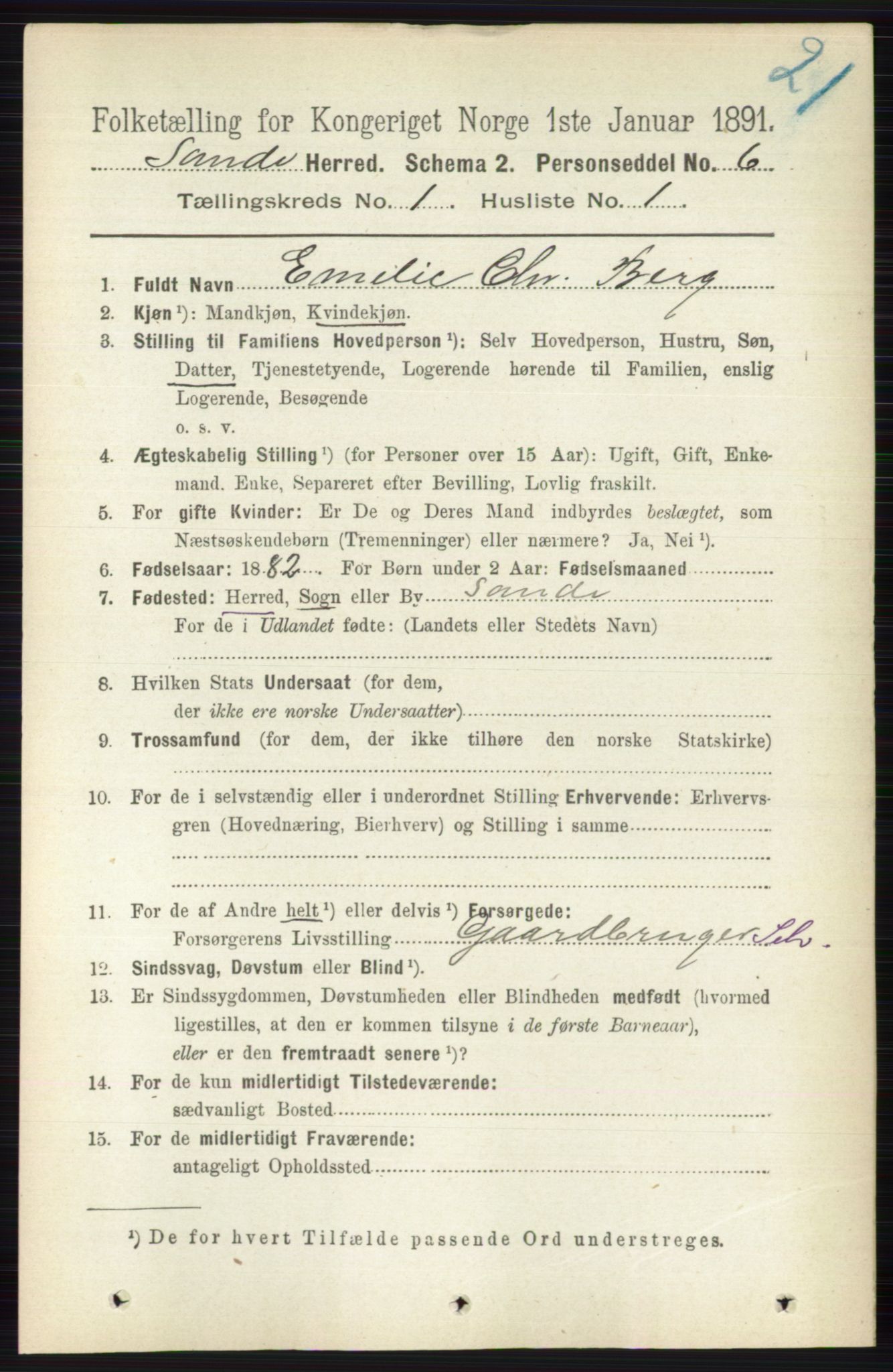 RA, 1891 census for 0713 Sande, 1891, p. 98