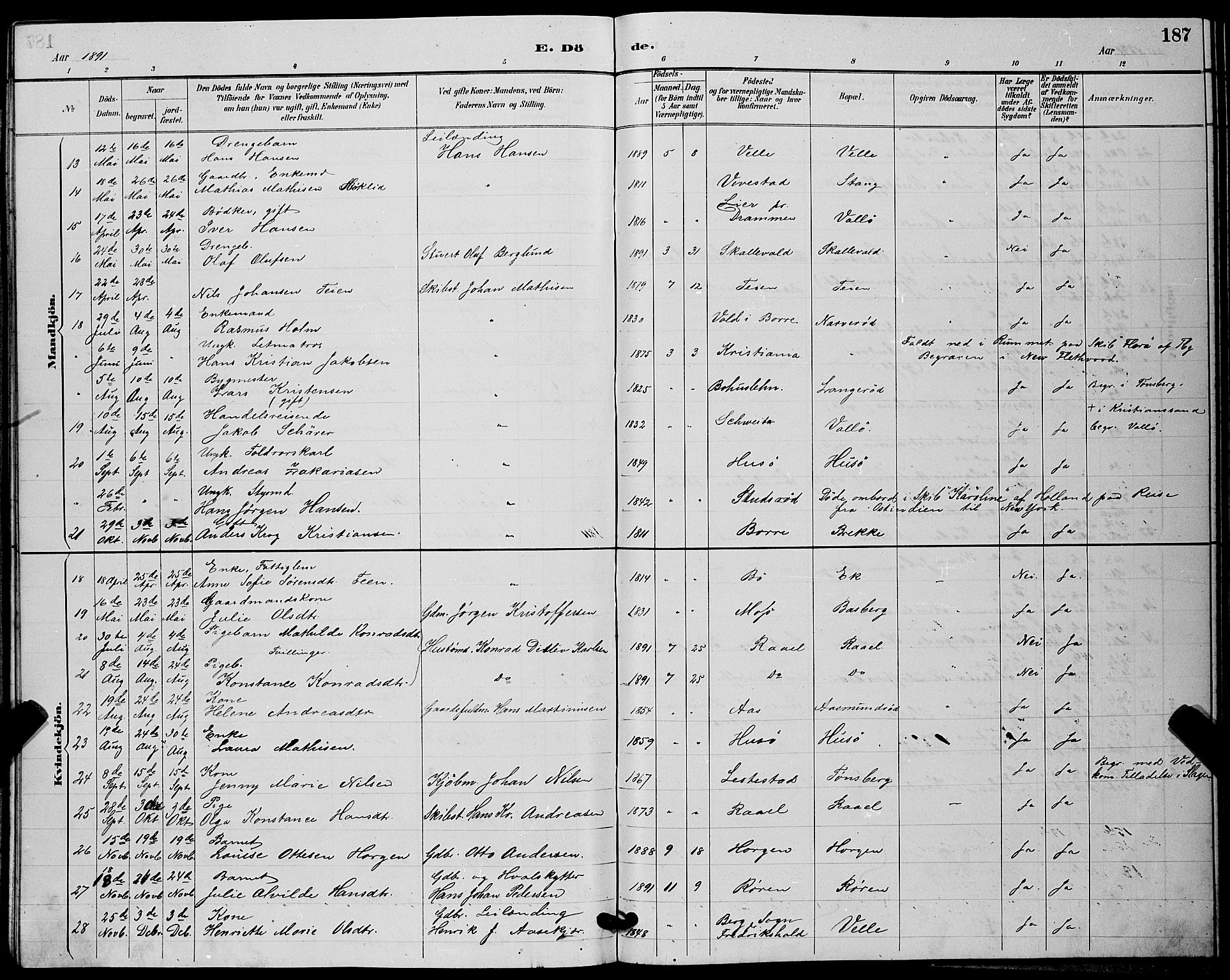 Sem kirkebøker, SAKO/A-5/G/Gb/L0002: Parish register (copy) no. II 2, 1886-1899, p. 187